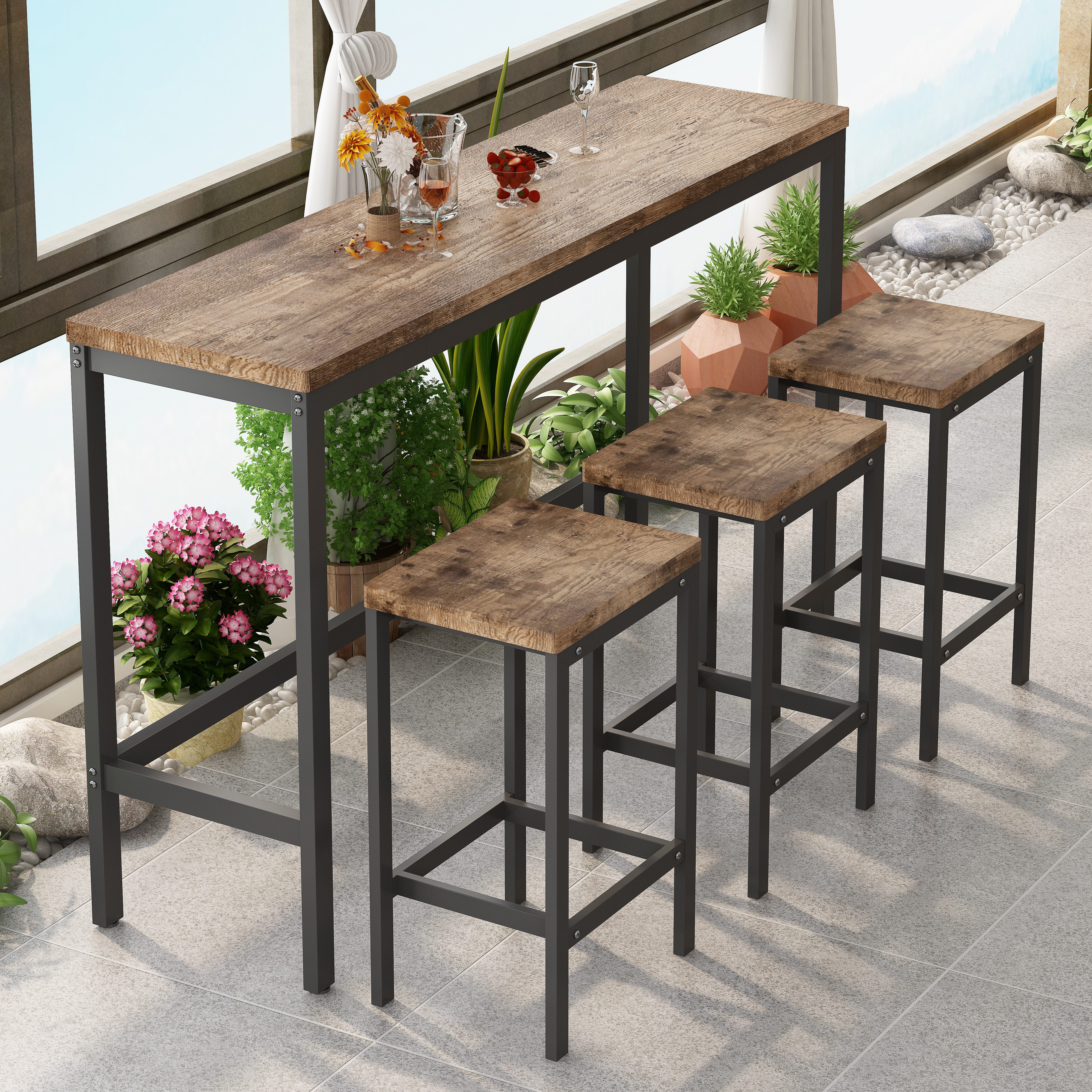 TavilaEcon Bargruppe Langer Küchentisch-Set mit 3 Barhockern für Küche & Esszimmer, (4-tlg., 1 Tisch und 3 Hocker), Hochwertige MDF-Platte & Metallgestell