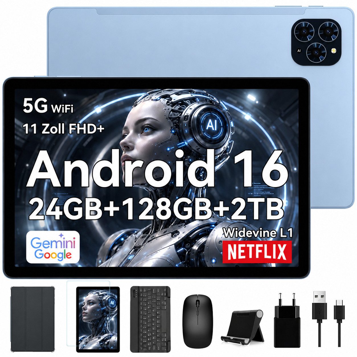 TABWEE T9 11" FHD Android 16 Tablet mit Tastatur Maus Hülle 8000 mAh WiFi Tablet (11", 128 GB, Android16, Gesichtsentsperrung/ Widevine L1/ Gemini AI/ 13 MP/Octa-Core-Prozessor)