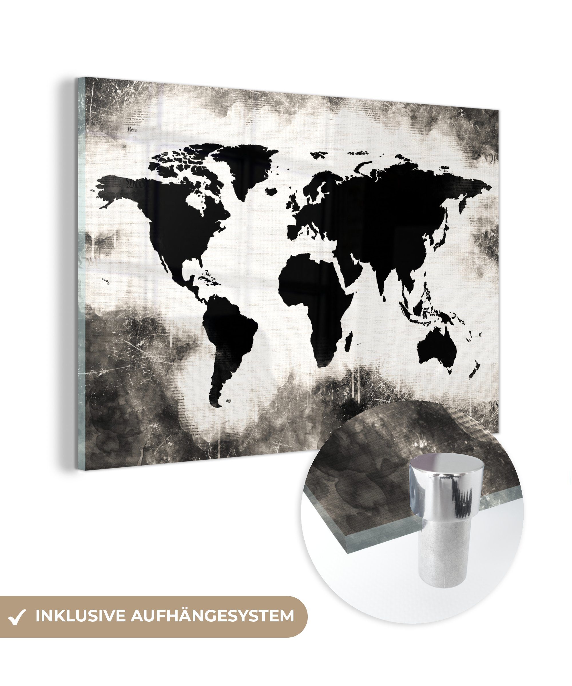 MuchoWow Acrylglasbild Weltkarte - Schwarz - Weiß - Holz, (1 St), Glasbilder - Bilder auf Glas Wandbild - Foto auf Glas - Wanddekoration