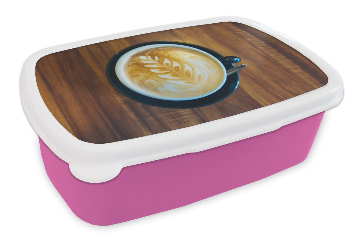 MuchoWow Lunchbox Kaffee - Tisch - Holz, Kunststoff, (2-tlg), Brotbox für Erwachsene, Brotdose Kinder, Snackbox, Mädchen, Kunststoff rosa