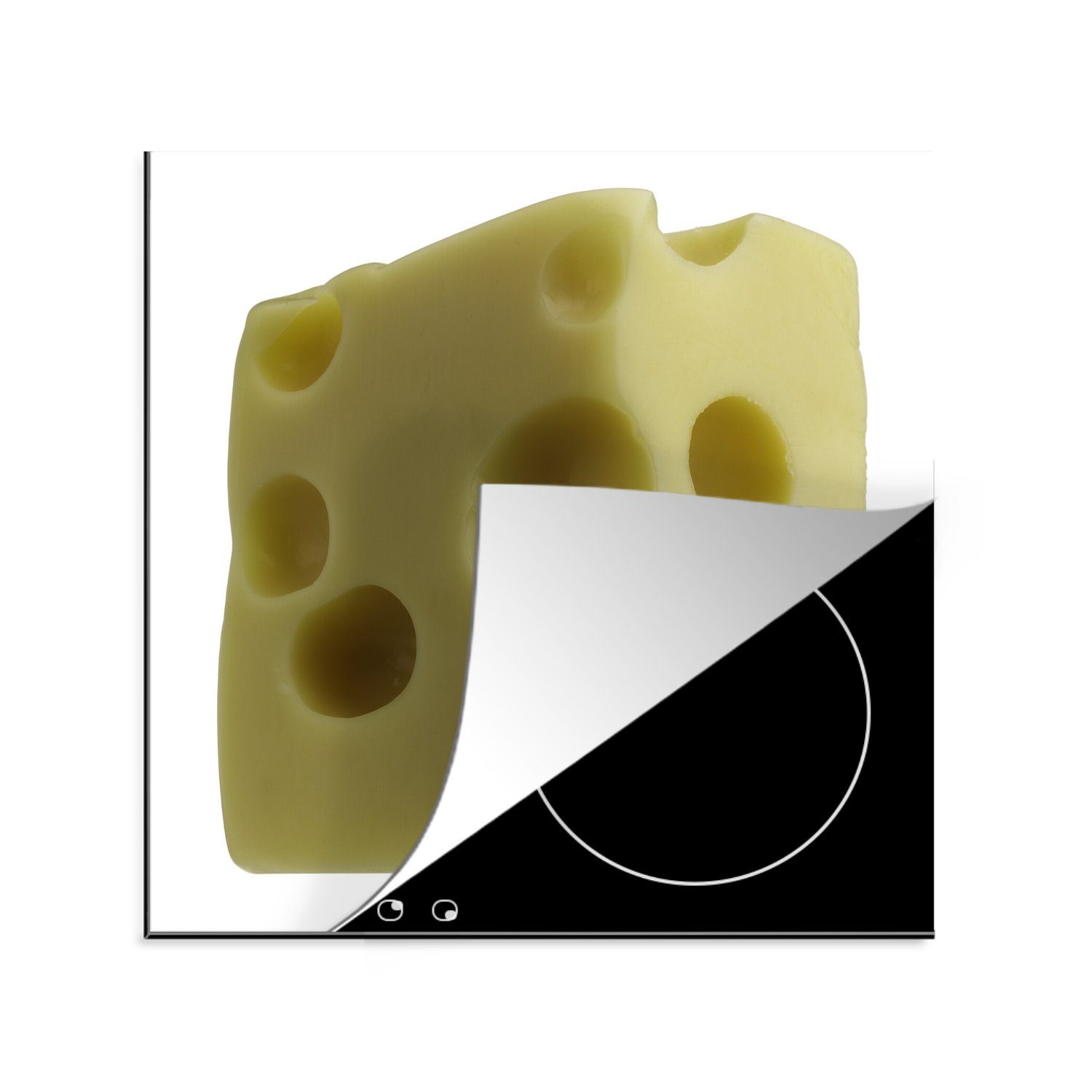 MuchoWow Herdblende-/Abdeckplatte Schweizer Käseblock mit Löchern auf weißem Hintergrund, Vinyl, (1 tlg), 78x78 cm, Ceranfeldabdeckung, Arbeitsplatte für küche