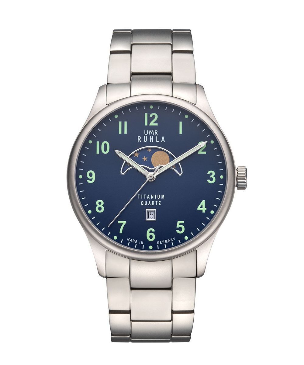 UMR Ruhla Quarzuhr Mondphase Herrenuhr 20912M Titan 41,5 mm Titanband Made in Germany