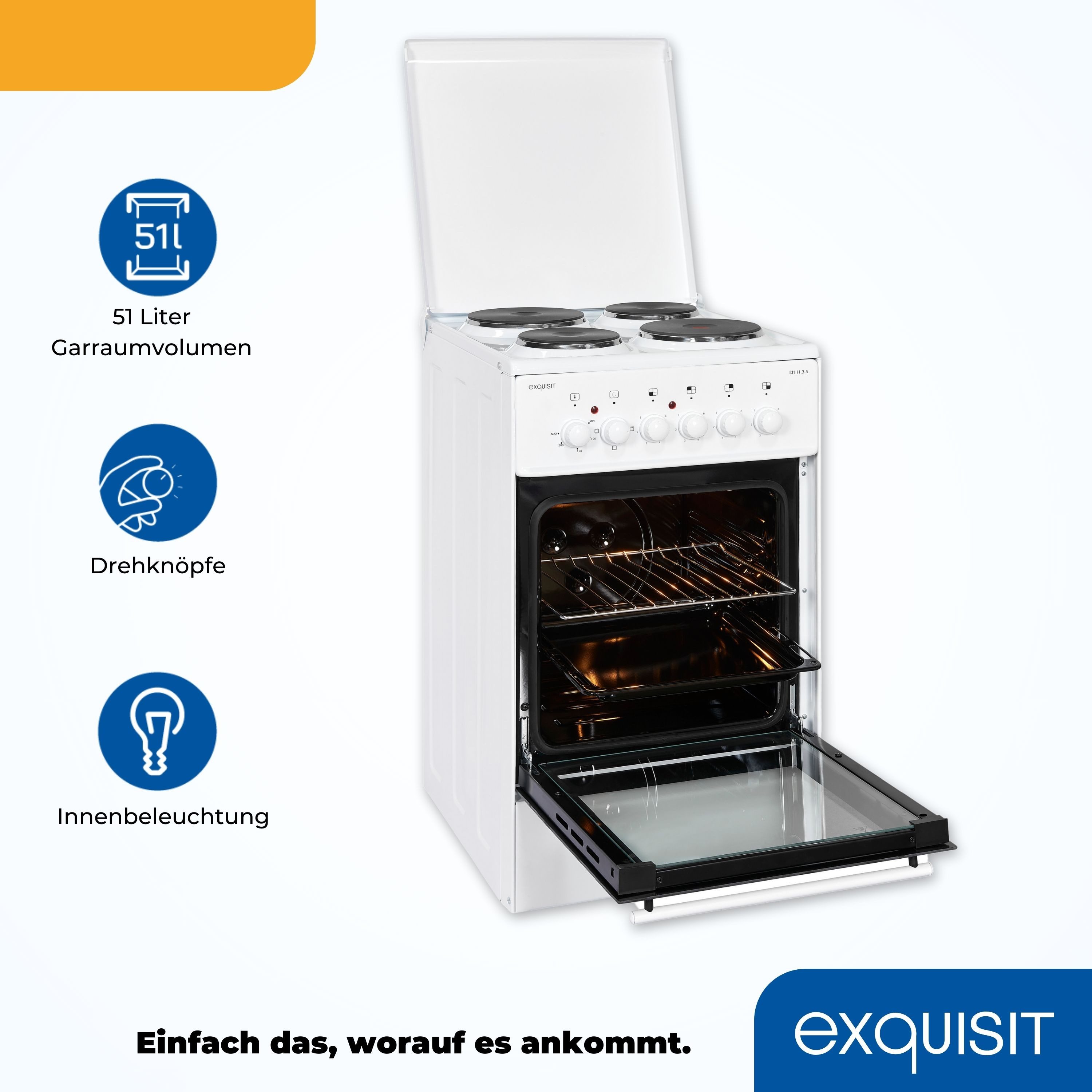exquisit Elektro-Standherd EH 11.3-4, Ober- / Unterhitze, Massekochfeld, inklusive Grillrost