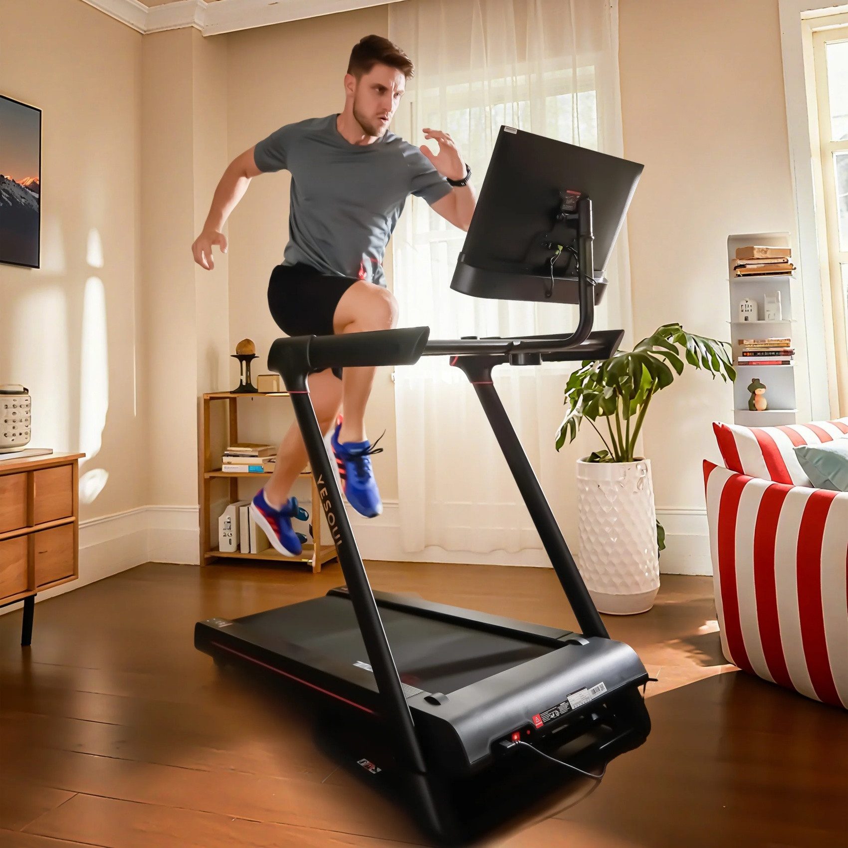 yesoul Laufband T3 Plus für Zuhause, klappbar, 10 % Steigung, 21,5-Zoll-FHD-Display (Einzelgerät, Bis 14 km/h, 136 kg Tragkraft, 3,0 PS, App & 6W-Dual-Lautsprecher), Leiser bürstenloser Motor, 360°-FHD-Display & kabelgeb. Mirroring