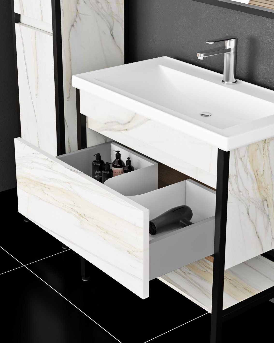 Karen Badmöbel-Set Badmöbel Set Hazar, (Komplett-Set, Standartmäßig 5-Teilig (Unterschrank, Spiegel, Waschbecken, Hängeschrank und Hochschrank), Unterschrank mit Schublade und Regal, Hochschrank mit Türen & Regalen), Marmor Design, MDF Lam-Beschichtung, Softclose