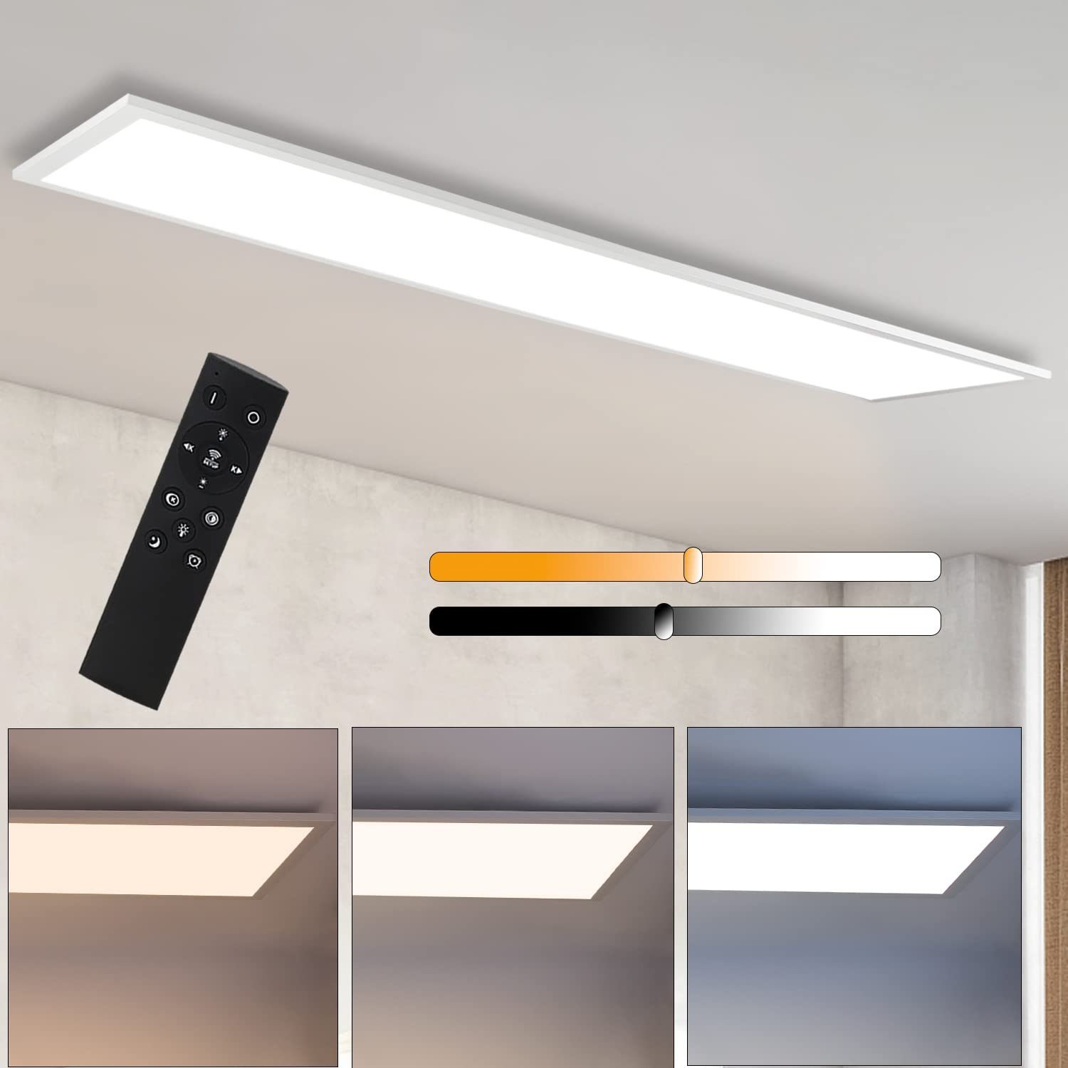 ZMH LED Panel Dimmbar Deckenlampe 120cm mit Fernbedienung, Dimmbar, LED fest integriert, Tageslichtweiß, 120x30 cm Deckenpanel Wohnzimmerlampe 3840lm, 48W, Weiß Weiß1