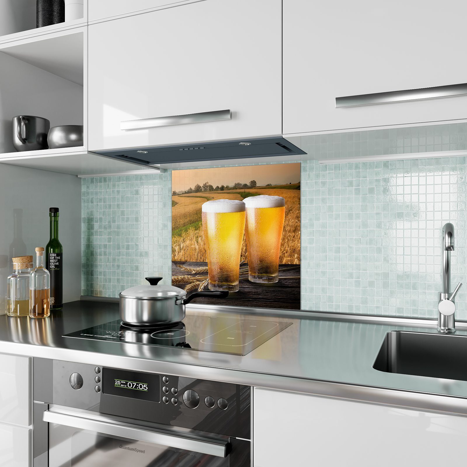 Motiv Glas Gersten mit Küchenrückwand Biergläser Primedeco vor Spritzschutz Zwei Küchenrückwand