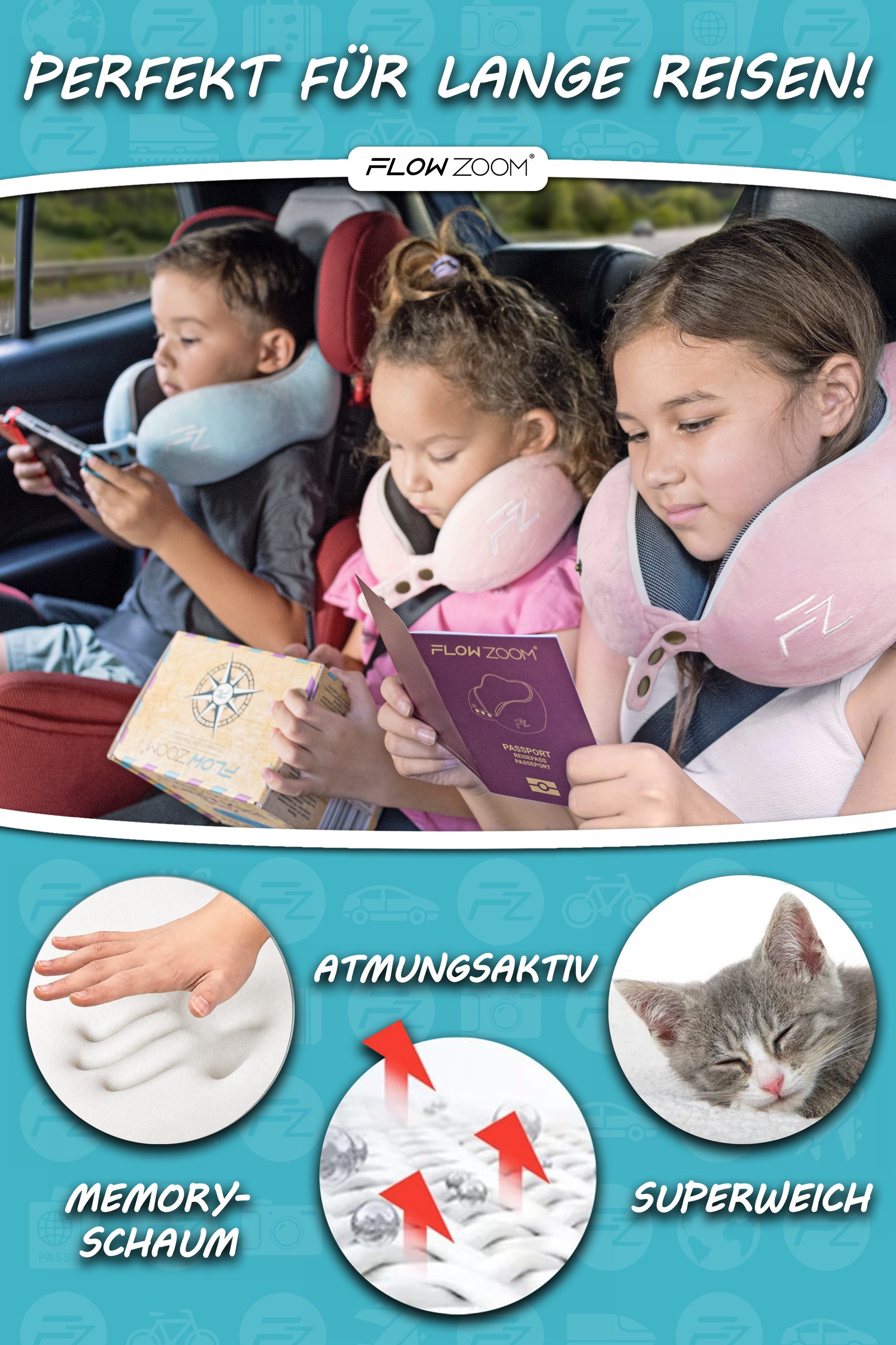 FLOWZOOM Nackenhörnchen COMFY KIDS Nackenkissen Kinder – Reisekissen Memory-Schaum, Kinder-Reisekissen Memory-Foam - Nackenhörnchen Kinder – Bild 5 von 5
