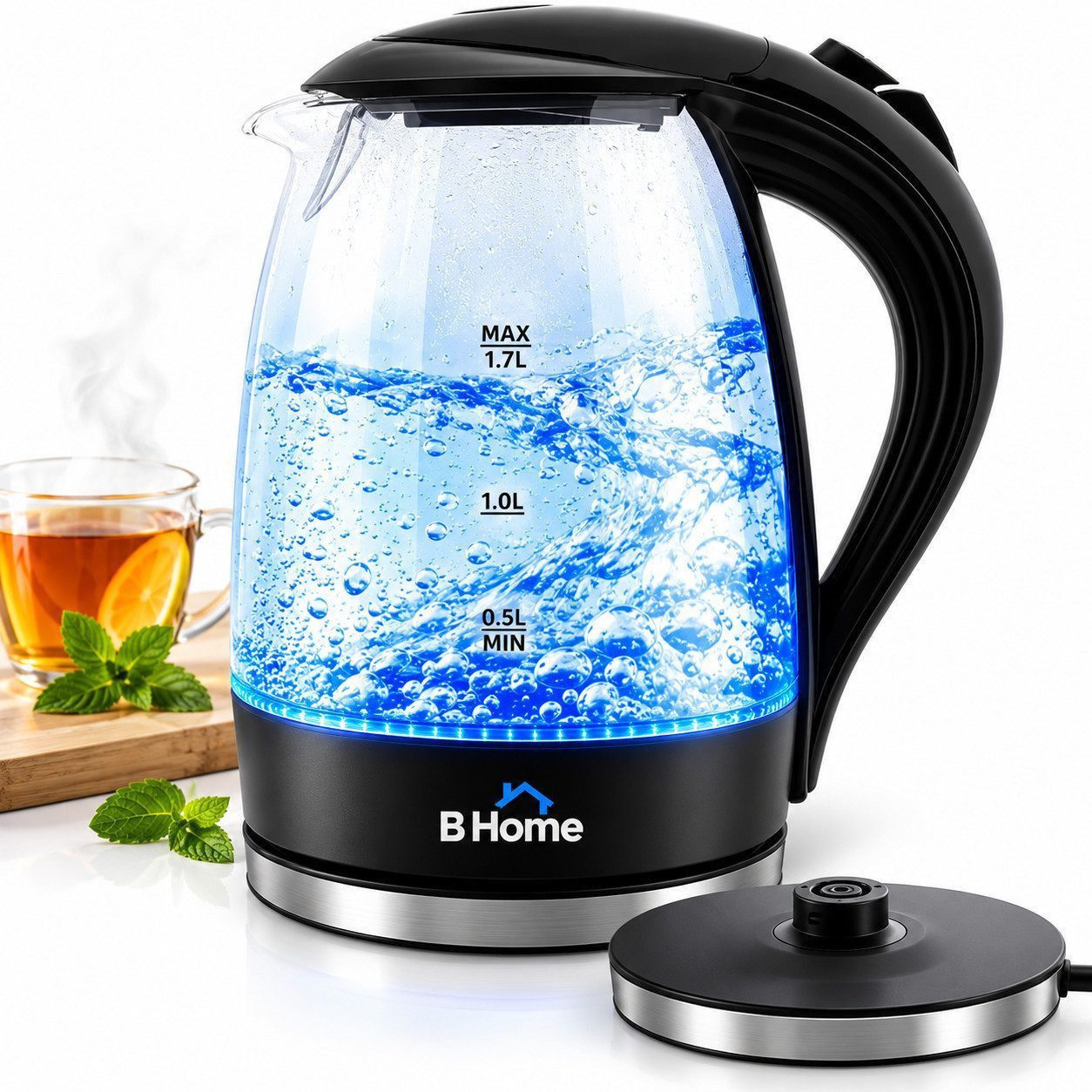 STAHLMANN Wasserkocher Glas Schwarz [1,7 L] 2200 W mit blauer LED Beleuchtung