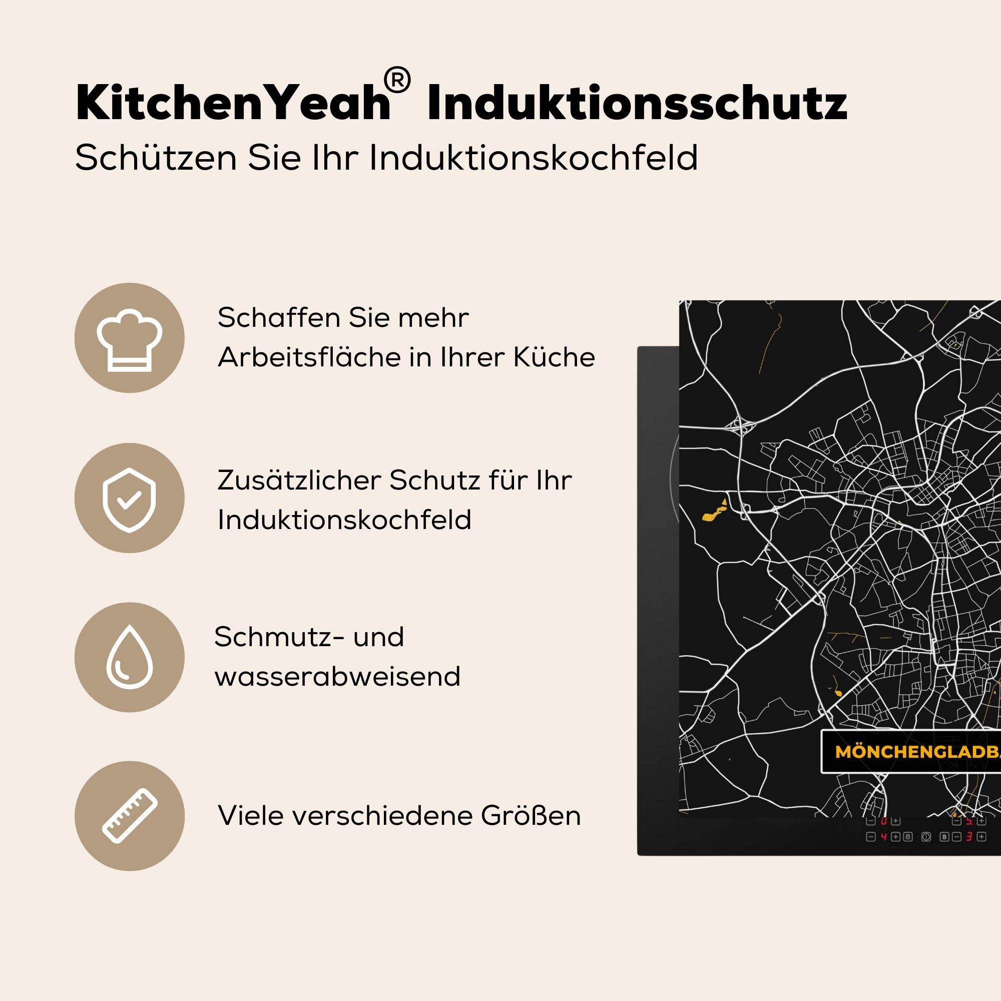 MuchoWow Herdblende-/Abdeckplatte Mönchengladbach - für Ceranfeldabdeckung, küche Vinyl, 78x78 -, Gold Stadtplan cm, Karte und tlg), Arbeitsplatte - Schwarz (1 
