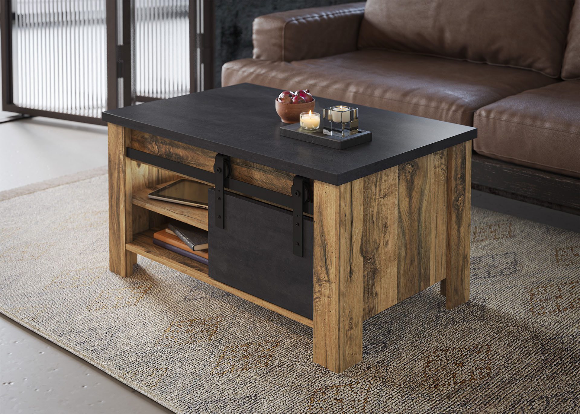 Home affaire Couchtisch York, Beistelltisch, Wohnzimmertisch mit Scheunentorbeschlag, mit Ablagemöglichkeiten, in Hunton Oak und Anthrazit