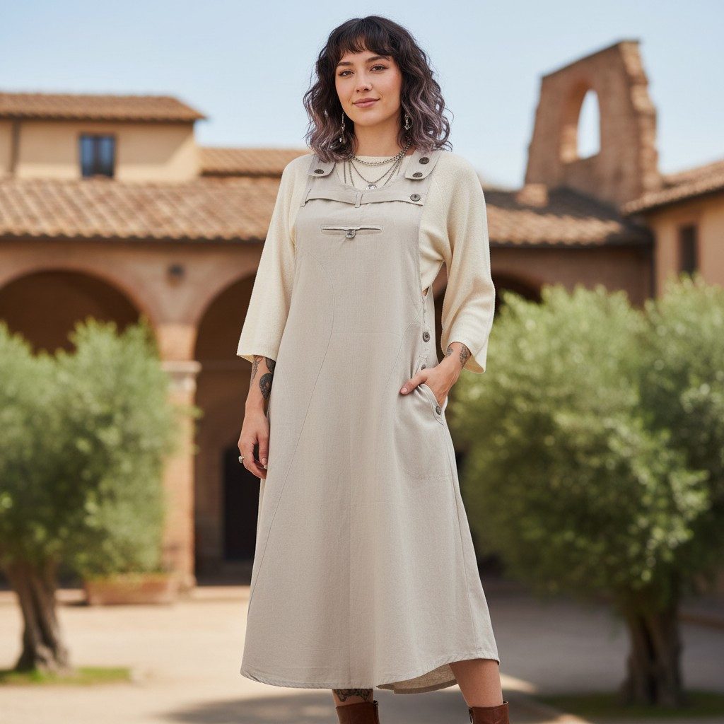 Guru-Shop Minirock Latzrock, Trägerkleid, Hippierock - leinenfarben alternative Bekleidung