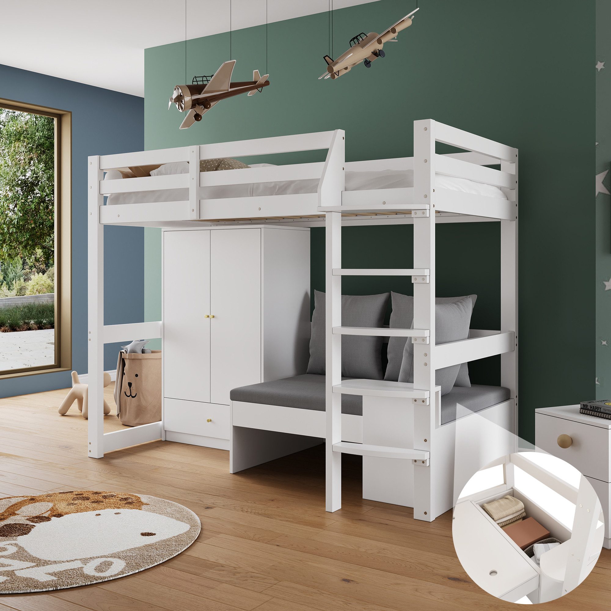 Flieks Hochbett Kinderbett 90x200cm mit Kleiderschrank, günstig online kaufen