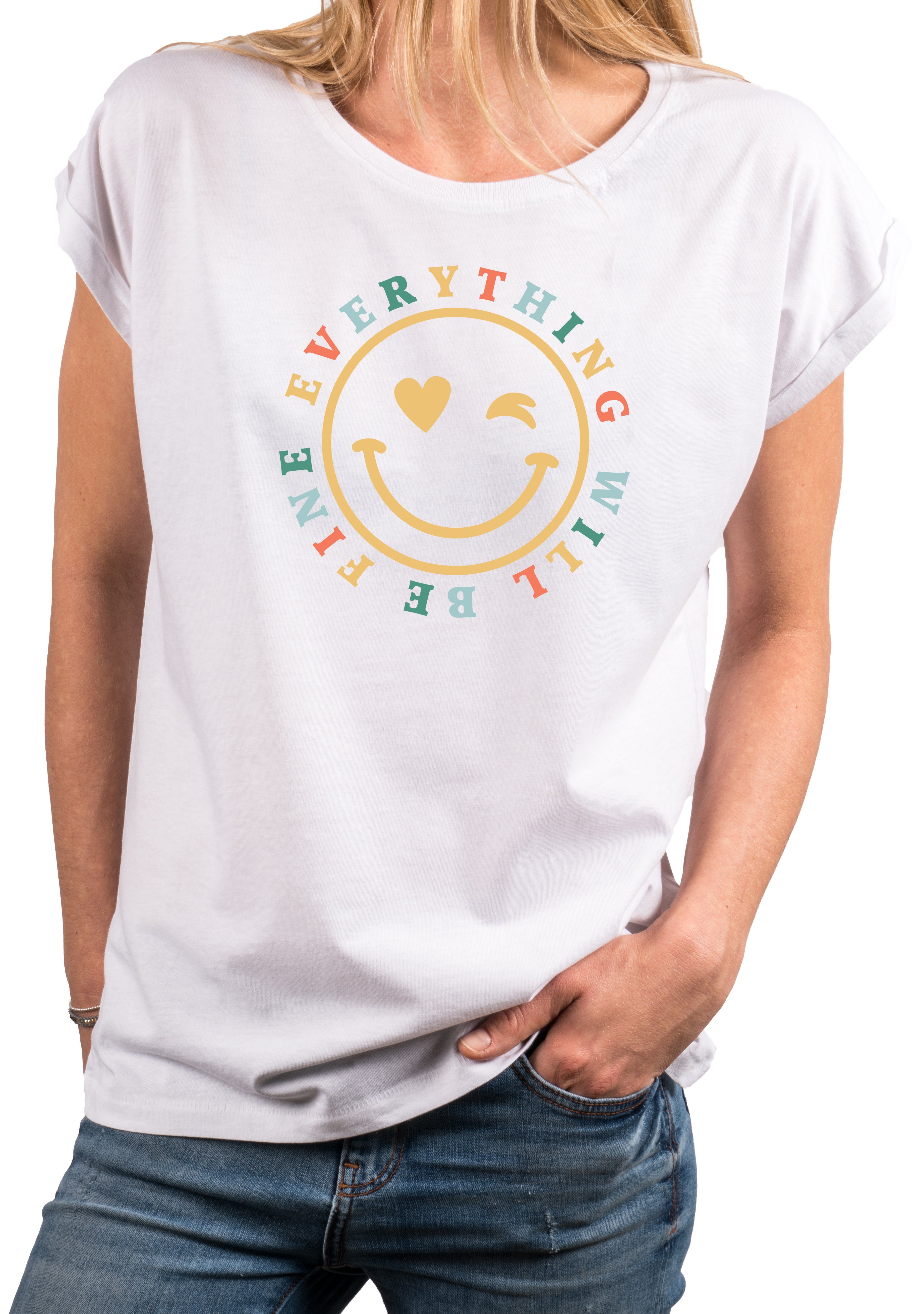MAKAYA Print-Shirt Damen Kurzam Herz Spruch Sprüche Hippie Style Outfit 60er 70er Jahre Top