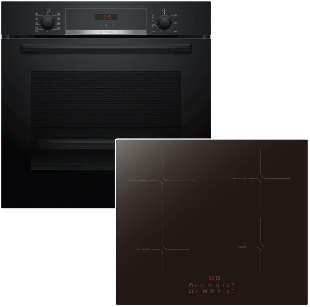 BOSCH Backofen-Set Teleskopauszug Versenkknebel Hydrolyse + PKM Induktionskochfeld Slider, mit 1-fach Teilauszug, Hydrolyse EcoClean Direct