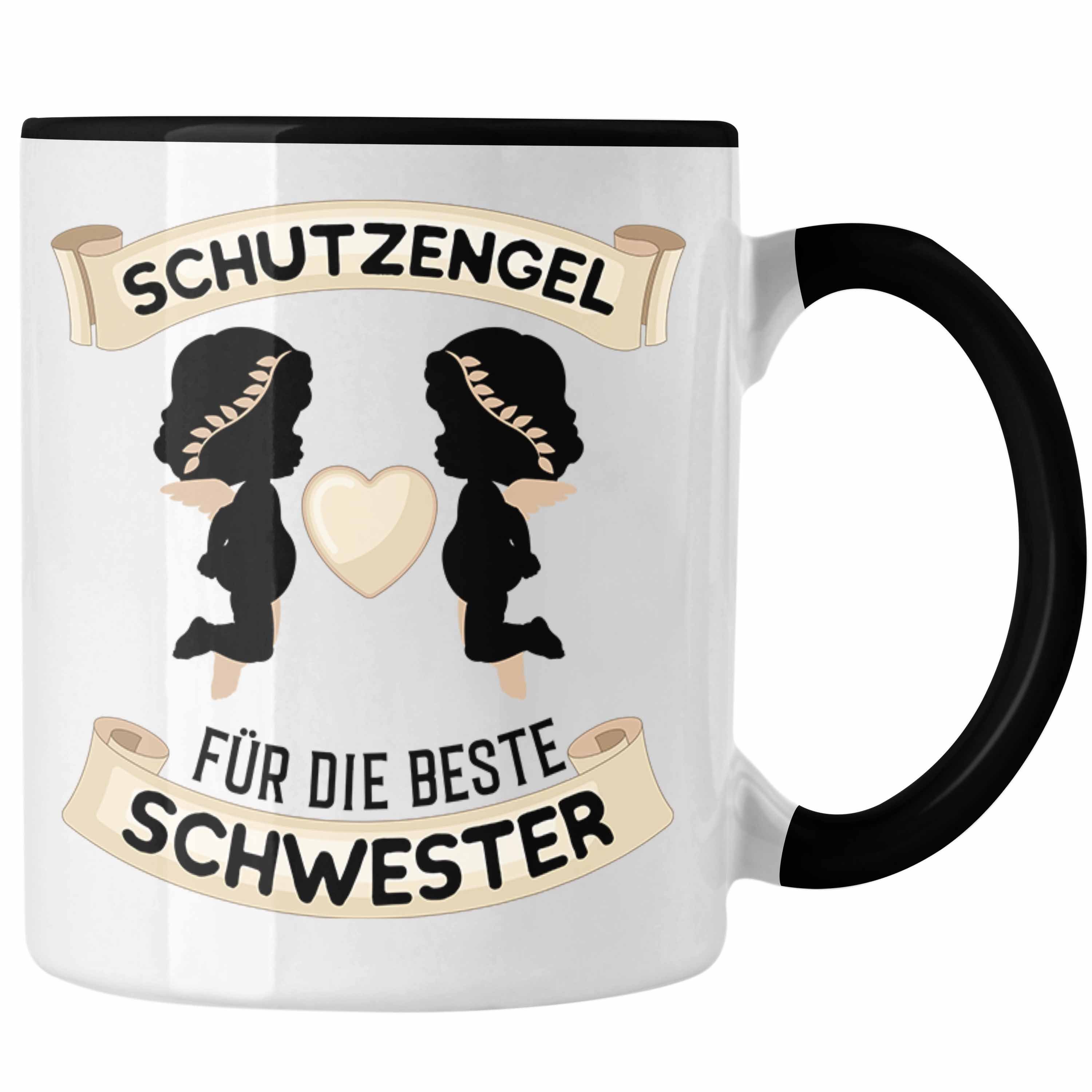 Trendation Tasse Trendation - Schutzengel Schwester Tasse Geschenk für Schwester Geschenkidee Beste Schwester Geburtstag Schwarz