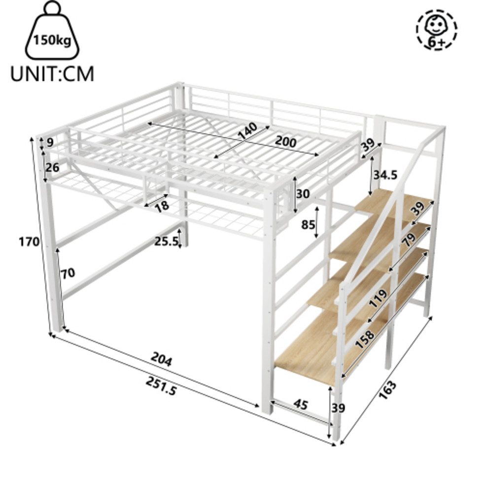 Ulife Hochbett Metallbett, Ablage mit Stufen, Gitterelemente, Aufbewahrungskorb (2-St) offener Stauraum unter dem Bett, mit LED-Lichtleiste
