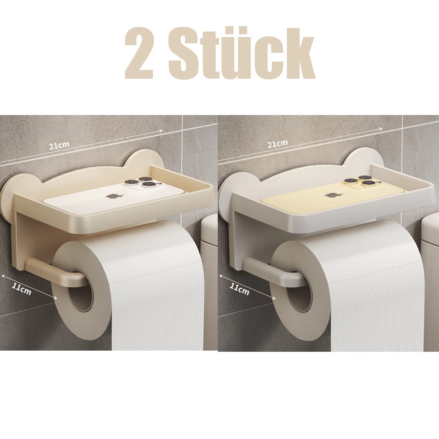 MOPUEA Toilettenpapierhalter Wandmontierter Klopapierhalter mit Ablage Ohne Bohren+süßen Bärenohren (Toilettenpapierhalter mit Ablage, selbstklebend, ohne Bohren., 21x10x11 cm, wasserfestes PP-Material, für glatte Oberflächen), Starke Haftung, kein Bohren, stabil, feuchtigkeitsbeständig.