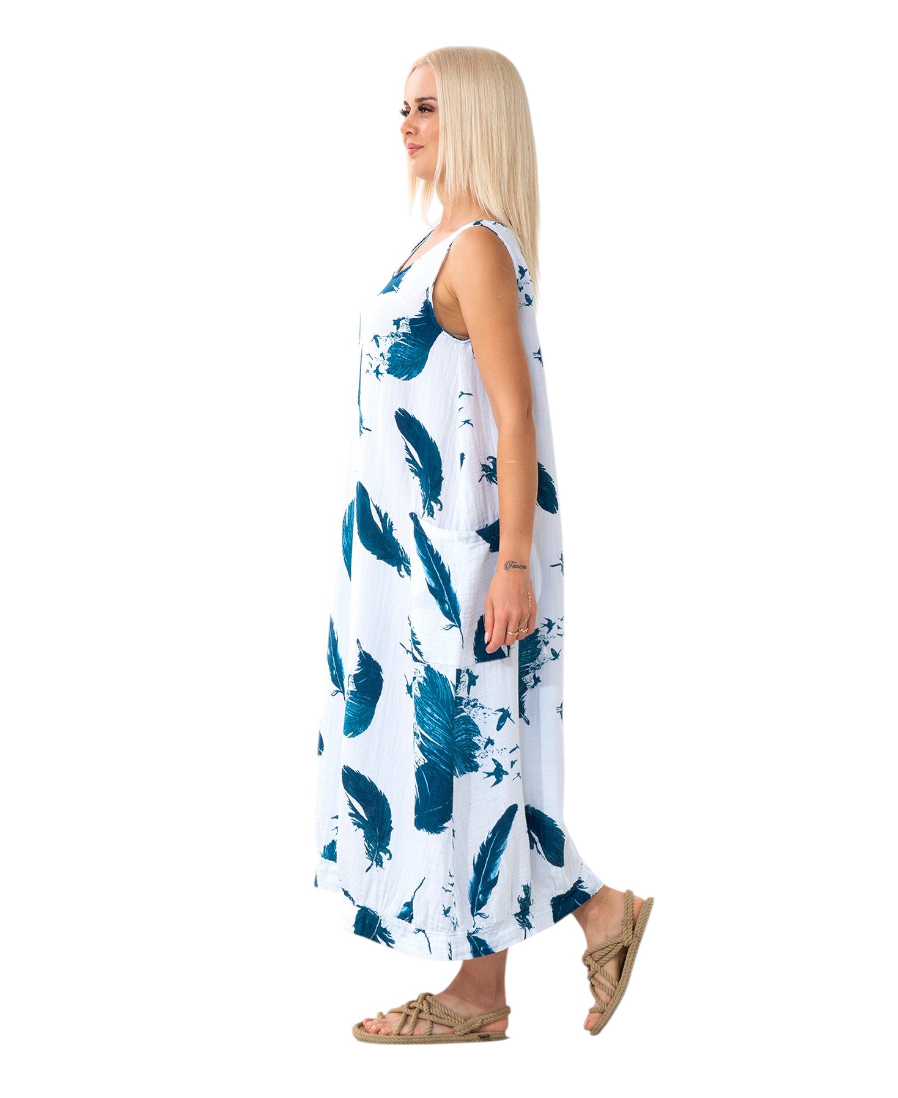 WENOR Sommerkleid Damen Musselin Strandkleid ärmellos 100 % Baumwolle mit Taschen Ballon-Saum, große Taschen, Einheitsgröße