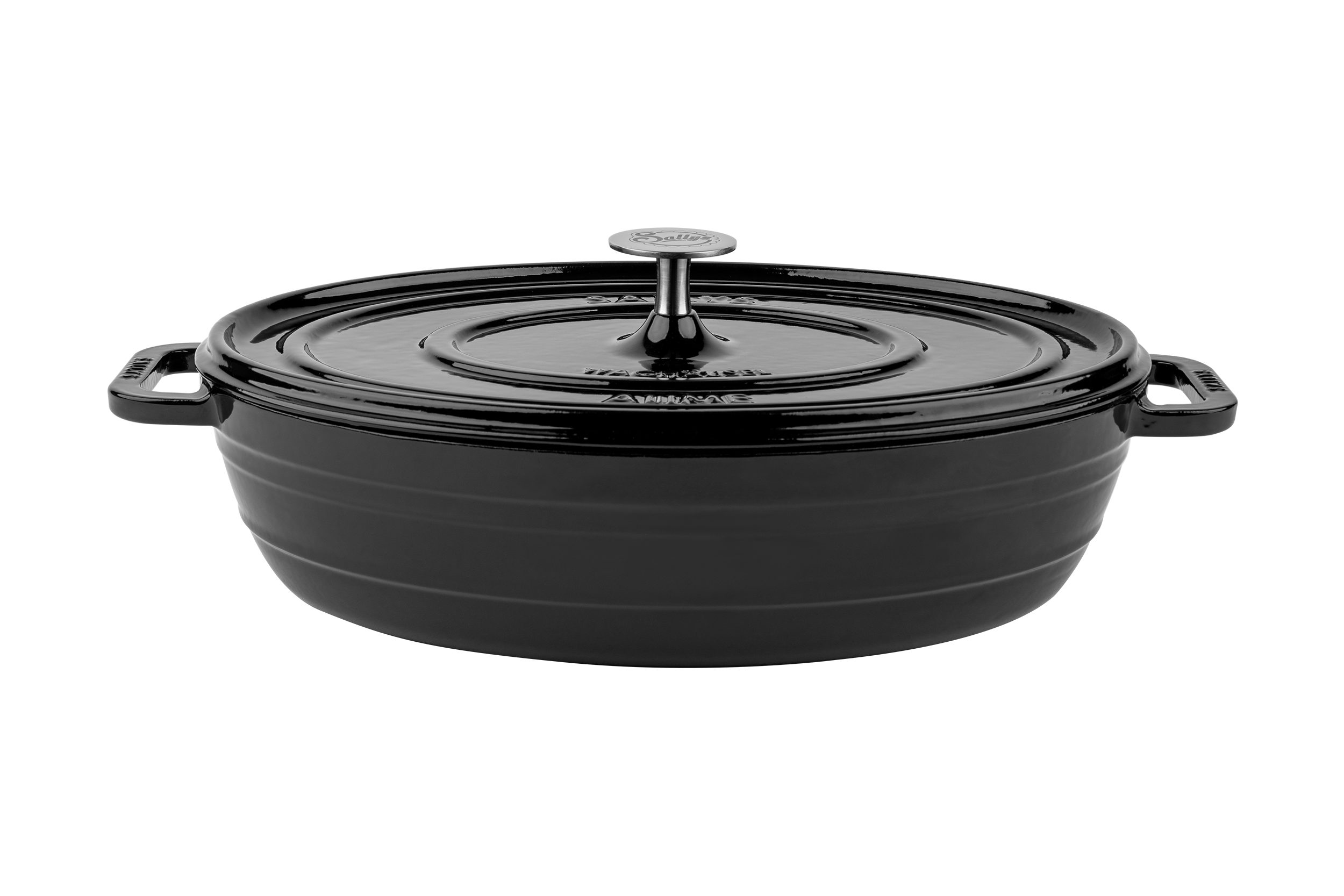 Sallys Bräter Vielseitiger Gusseisentopf ALIME, oval für Brot, Braten & Schmoren, Vollgusseisen mit hochwertiger Emaille-Beschichtung (Schmortopf mit Deckel, inklusive Noppen-Deckel, langlebig & ofenfest bis 250 °C), Gusseisenbräter, 36,5 × 26 cm / Vollgusseisen Emaille-Beschichtung