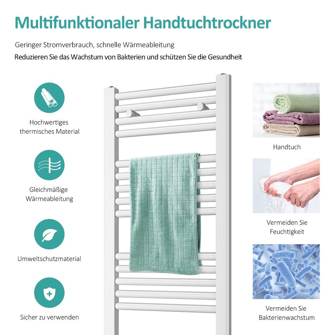 EMKE Badheizkörper 160x50cm Heizkörper Bad Mittelanschluss, Handtuchtrockner Handtuchwärmer Weiß – Bild 5 von 5