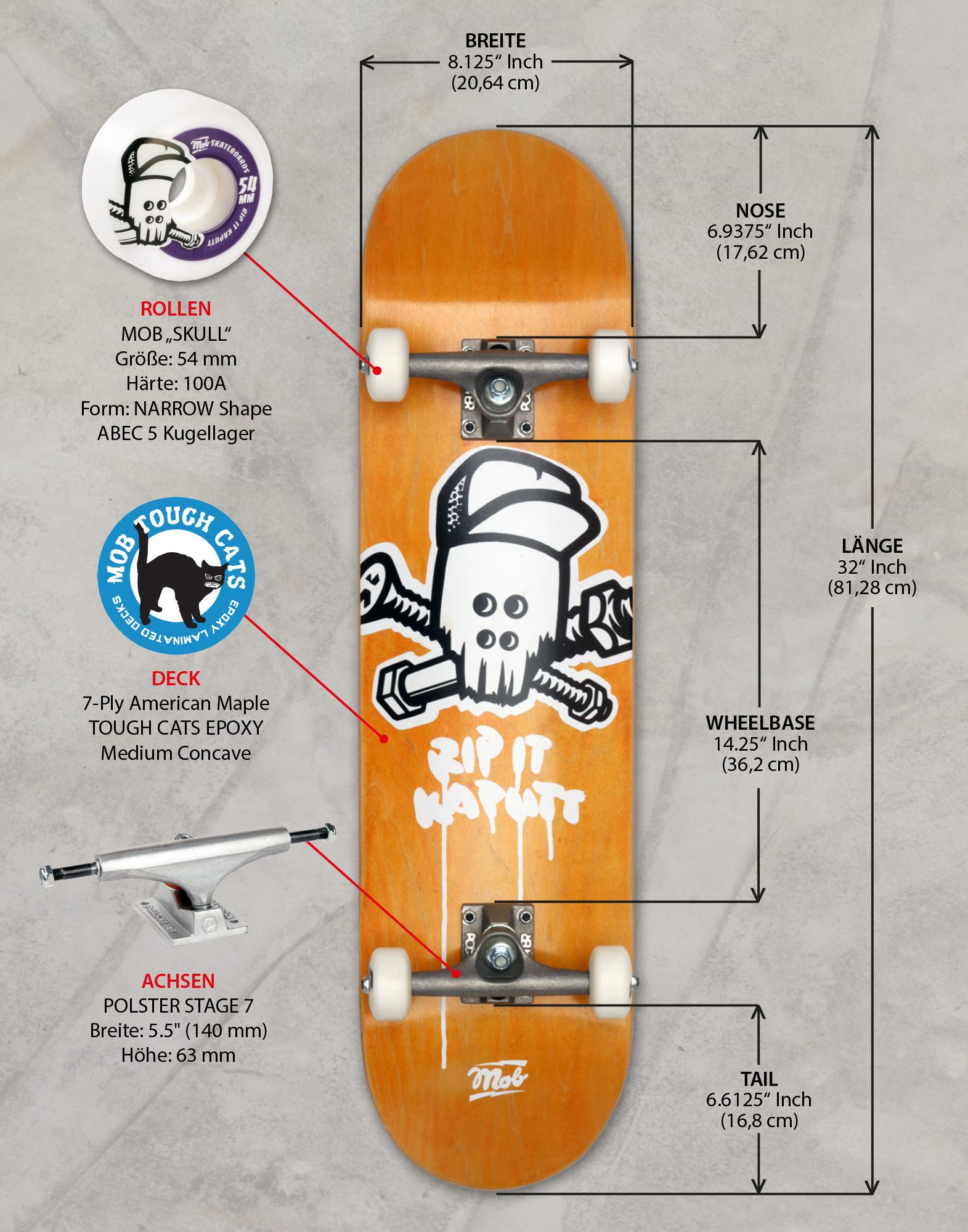 Mob Skateboards Skateboard Skull 8.125 Complete - Komplettboard 32 x 8.125 Zoll (fertig montiert -, 1-St., Rip It Kaputt - Gelb), Board aus Ahornholz - Skateboard für Jugendliche, Erwachsene