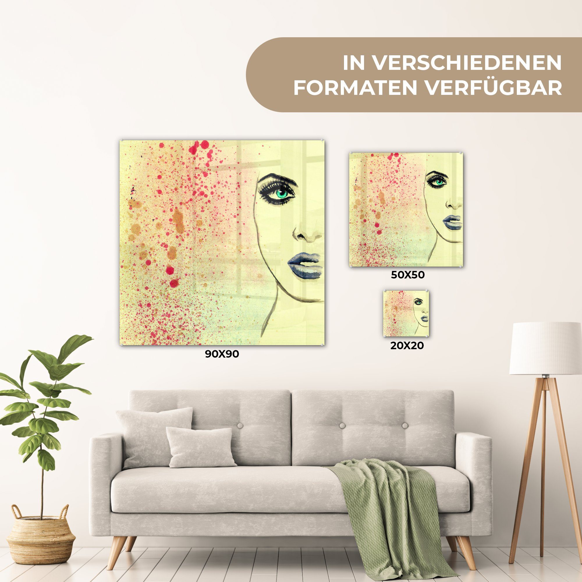 MuchoWow Acrylglasbild Frau Kunst mit - - Wanddekoration Glasbilder (1 auf Glas St), Foto Wandbild einem auf Bilder Glas Hintergrund, gelben 