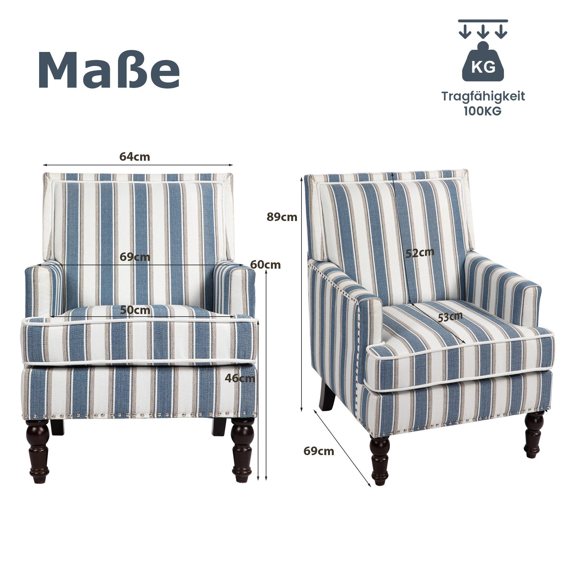KLAM HOME Loungesessel Retro-Sessel aus blau-weiß gestreiftem Baumwoll-Leinenstoff (Wohnzimmer Sessel mit edler Nagelkopfeinfassung & Massivholzrahmen), Bequemer Polster-Sessel mit Hochdicht-Schaum für stilvolle Innenräume