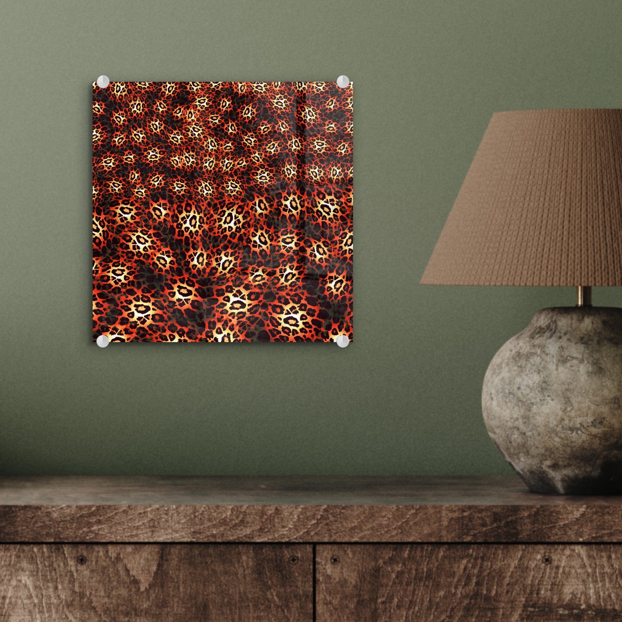 MuchoWow Acrylglasbild Wandbild Bilder Orange, Glas Glasbilder - (1 Leopard auf St), - - - Foto Muster Wanddekoration Glas auf 