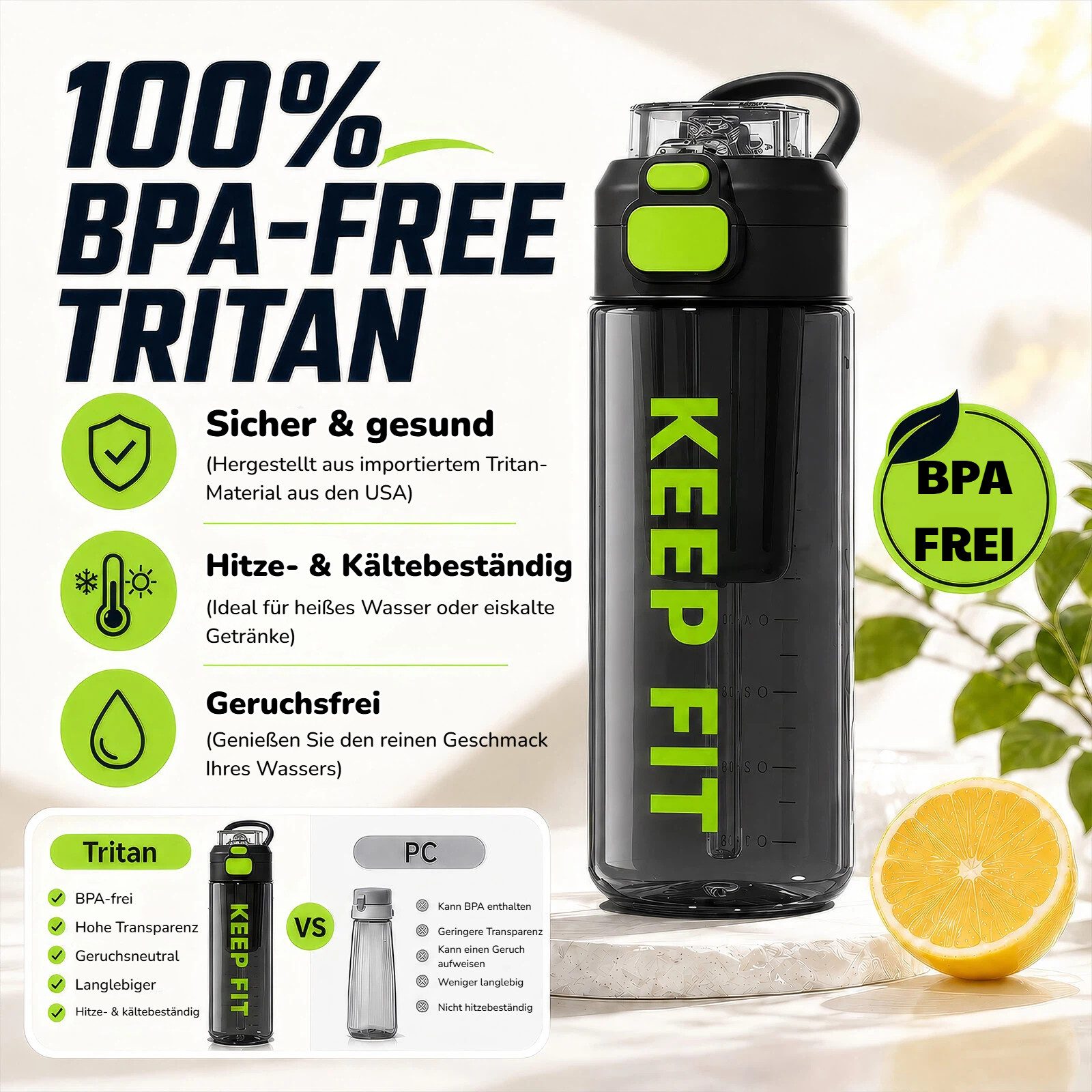 BlingBin Trinkflasche Auslaufsicher Wasserflasche 750ml, Sport Flasche mit Strohhalm, Trinkflasche mit Fruchteinsatz für Arbeit, Wandern, Yoga, Schule – Bild 3 von 5