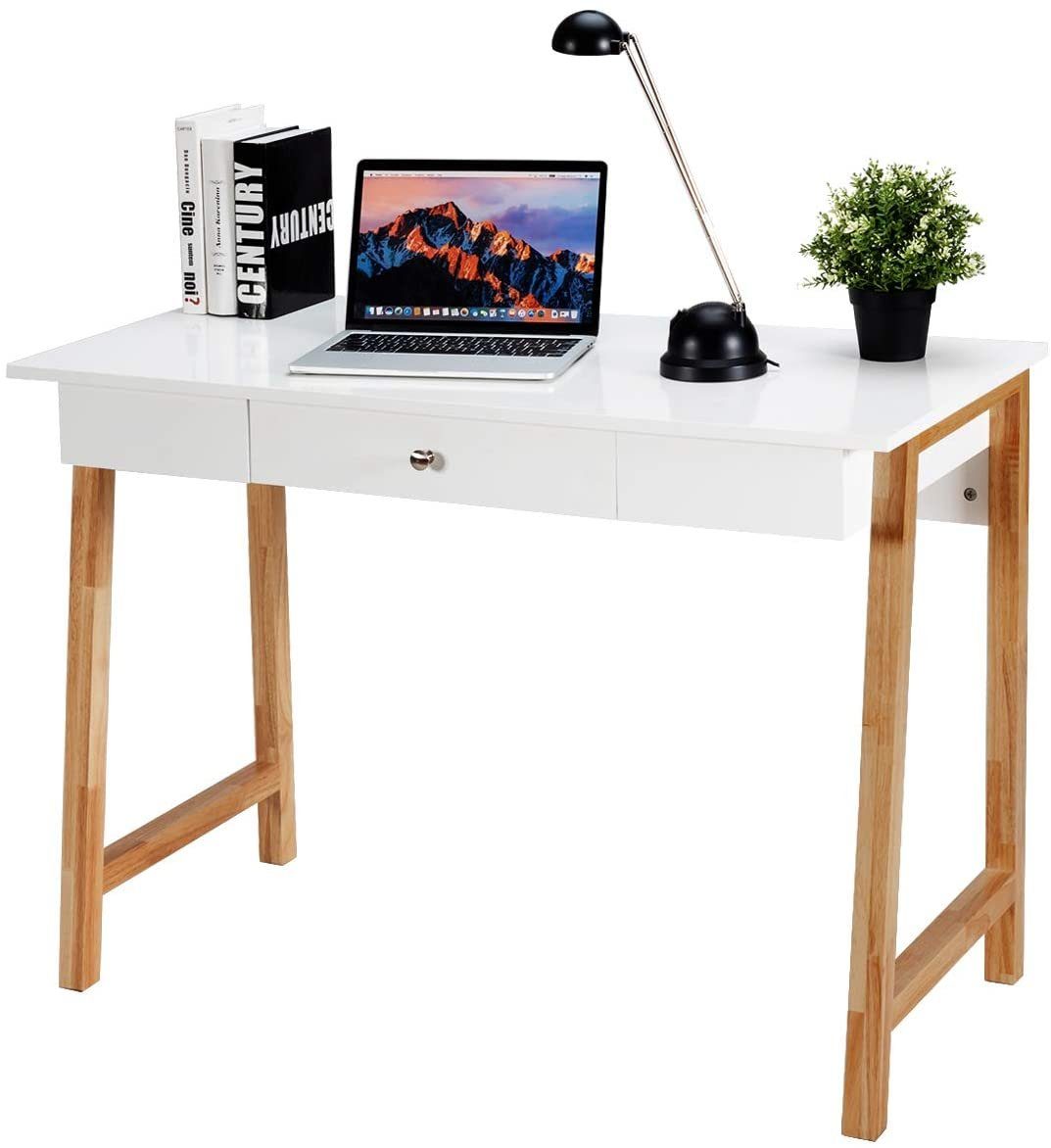 COSTWAY Schreibtisch Computertisch, Holz, mit Schublade, 106 X 50 X 75,5 cm Weiß
