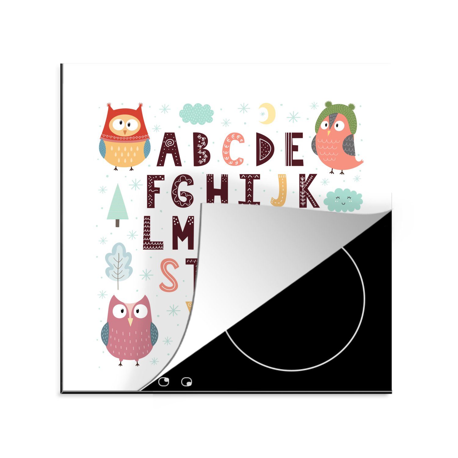 MuchoWow Herdblende-/Abdeckplatte Illustration Alphabet mit Eulen, Vinyl, (1 tlg), 78x78 cm, Ceranfeldabdeckung, Arbeitsplatte für küche