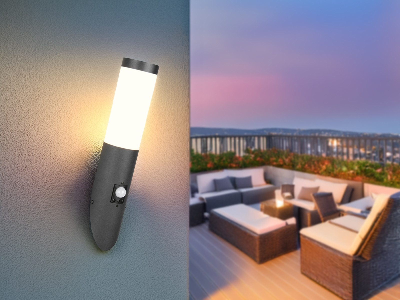 TRIO Leuchten LED Außen-Wandleuchte aus Edelstahl Schwarz, Höhe 39cm, mit Bewegungsmelder, LED wechselbar, warmweiß, Haus-beleuchtung Einfahrt Haus-wand Außen-leuchte mit Bewegungssensor