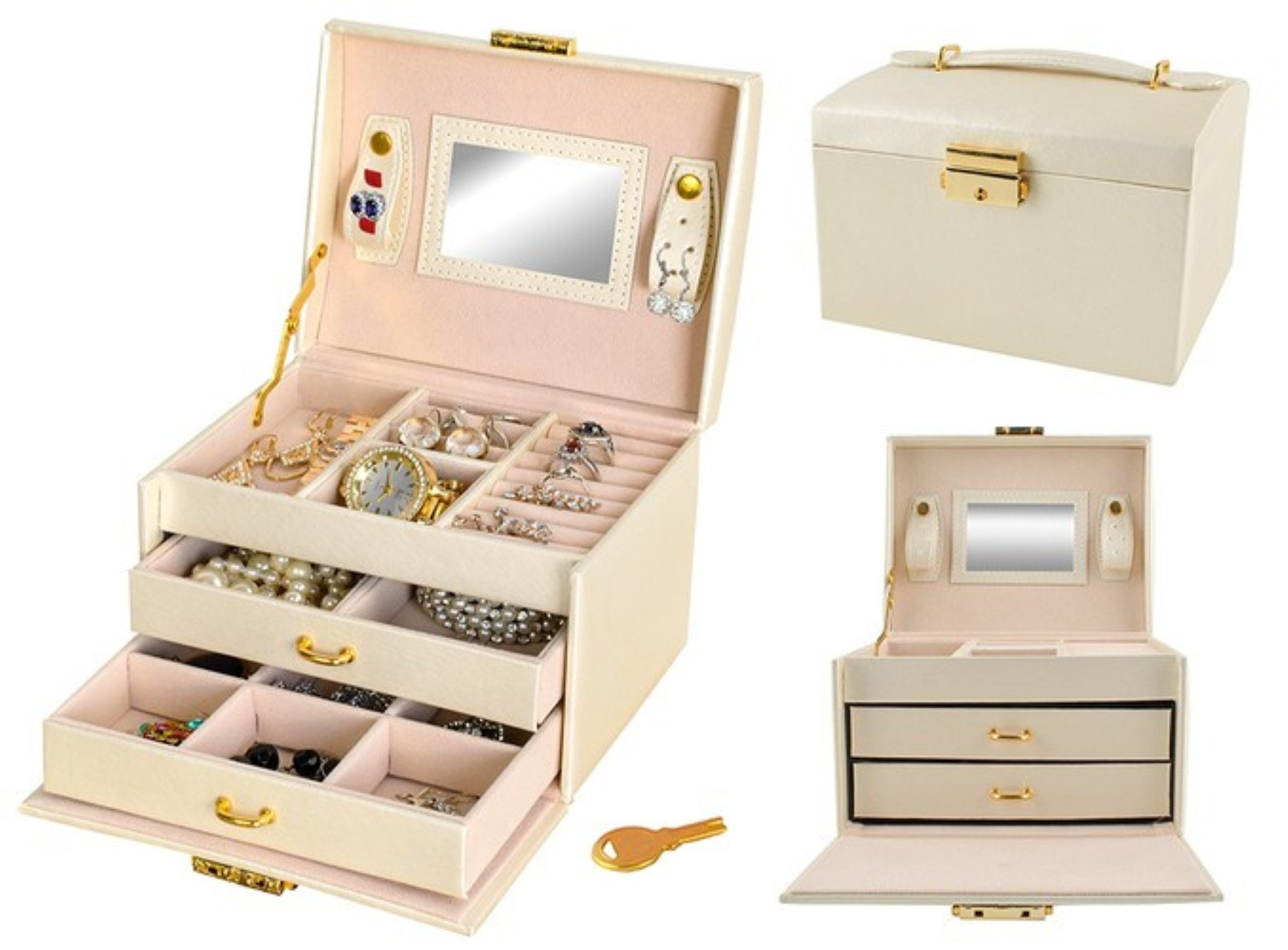 Beautylushh Schmuckkasten Schmuckkasten mit Schloss Spiegel und Schubladen Satinoptik (Einzel Schmuckkasten mit Spiegel Schloss und Schubladen, Schmuckkasten mit Spiegel Schloss und zwei Schubladen), Abschließbar mit Schlüssel Weich ausgekleideter Innenraum