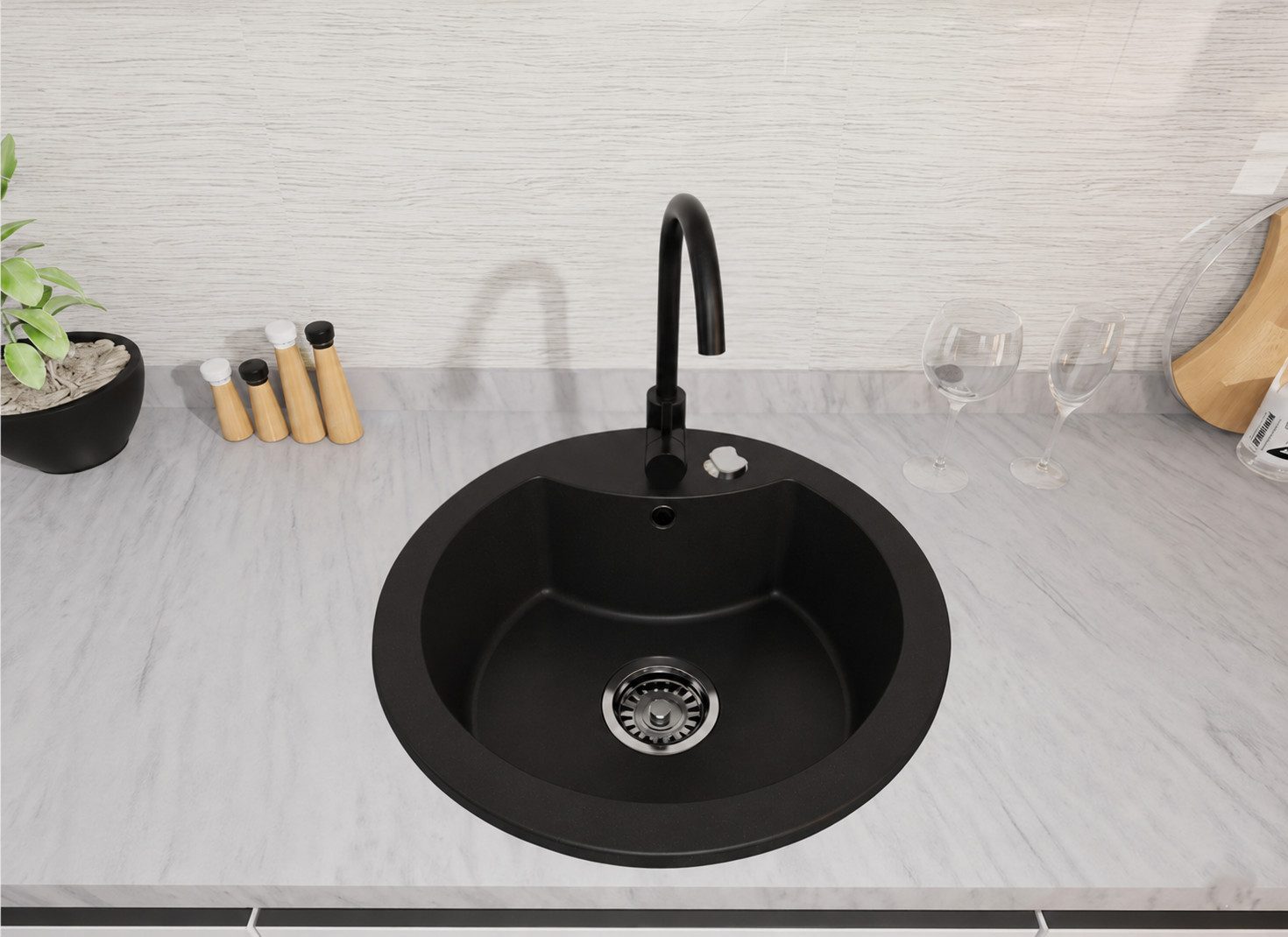 Faizee Möbel Granitspüle Granitspüle Küchenspüle mit Siphon Einbauspüle verschiedene Modelle, Rund, 49/49 cm