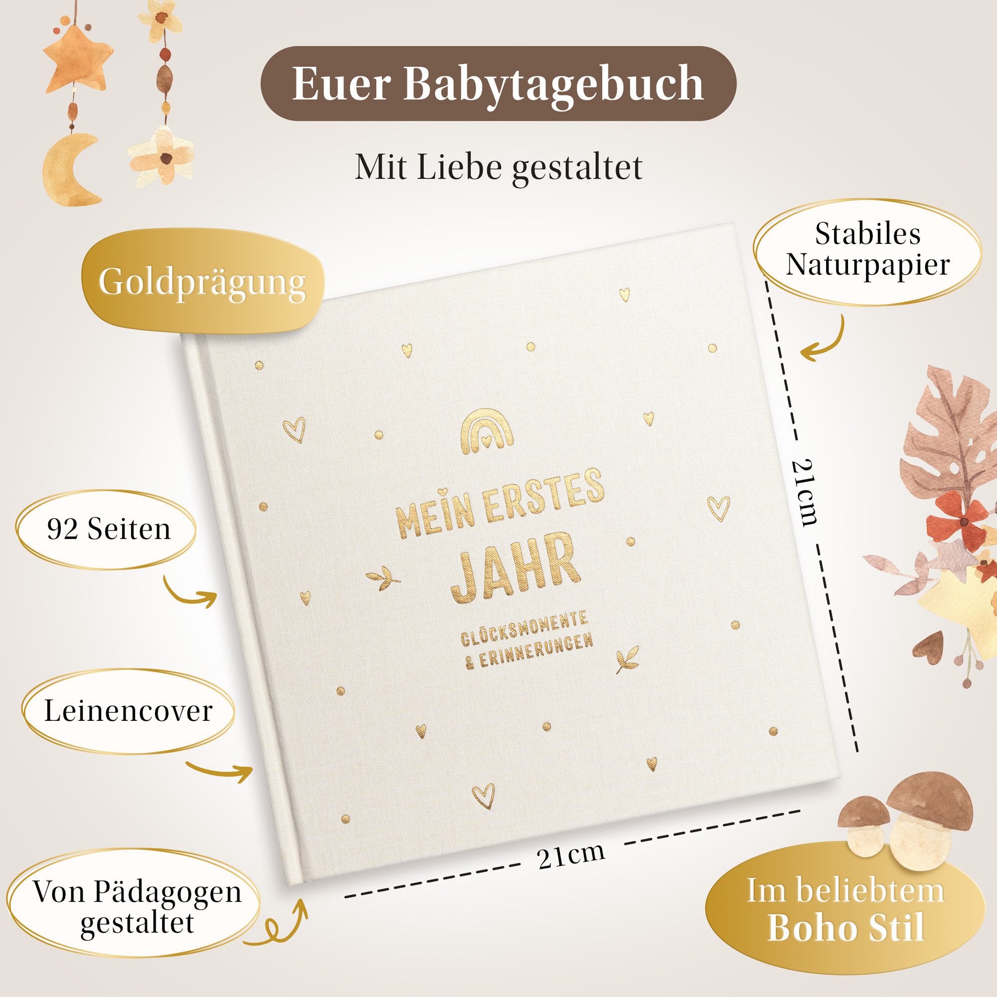 Thumbnail - Eulentaler Tagebuch I Mein erstes Jahr I Von Pädagogen gestaltet I Boho I, Mit echtem Leinenbezug und Goldprägung