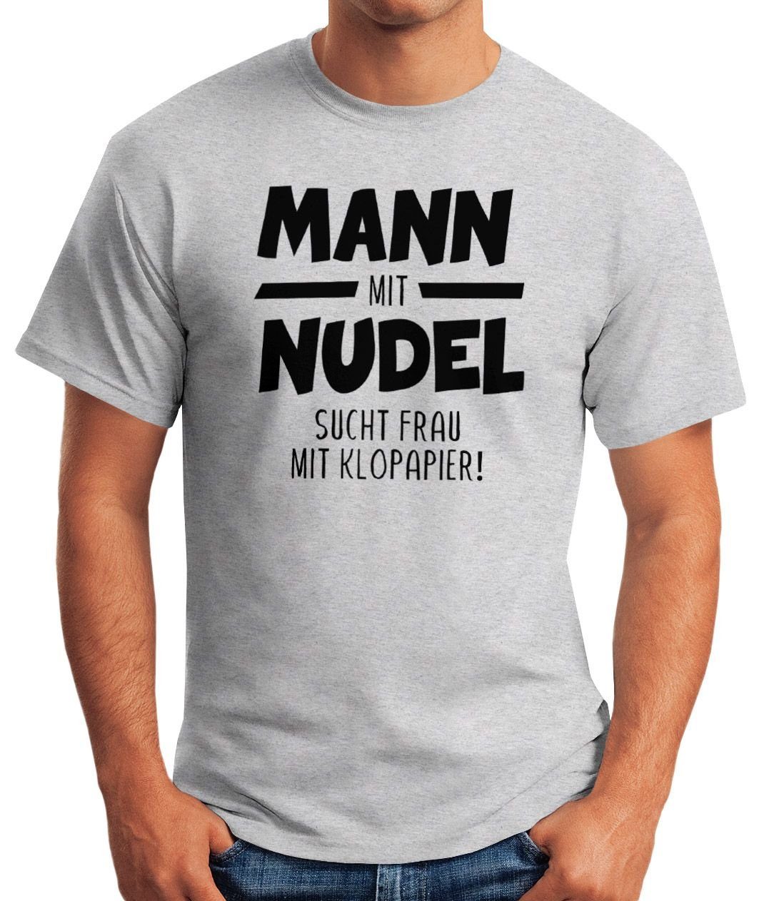 Frau mit hamstern Klopapiier Print-Shirt 2020 Fun-Shirt Moonworks® Spruch bunkern grau lustig Print Mann sucht Herren mit T-Shirt MoonWorks mit Nudel