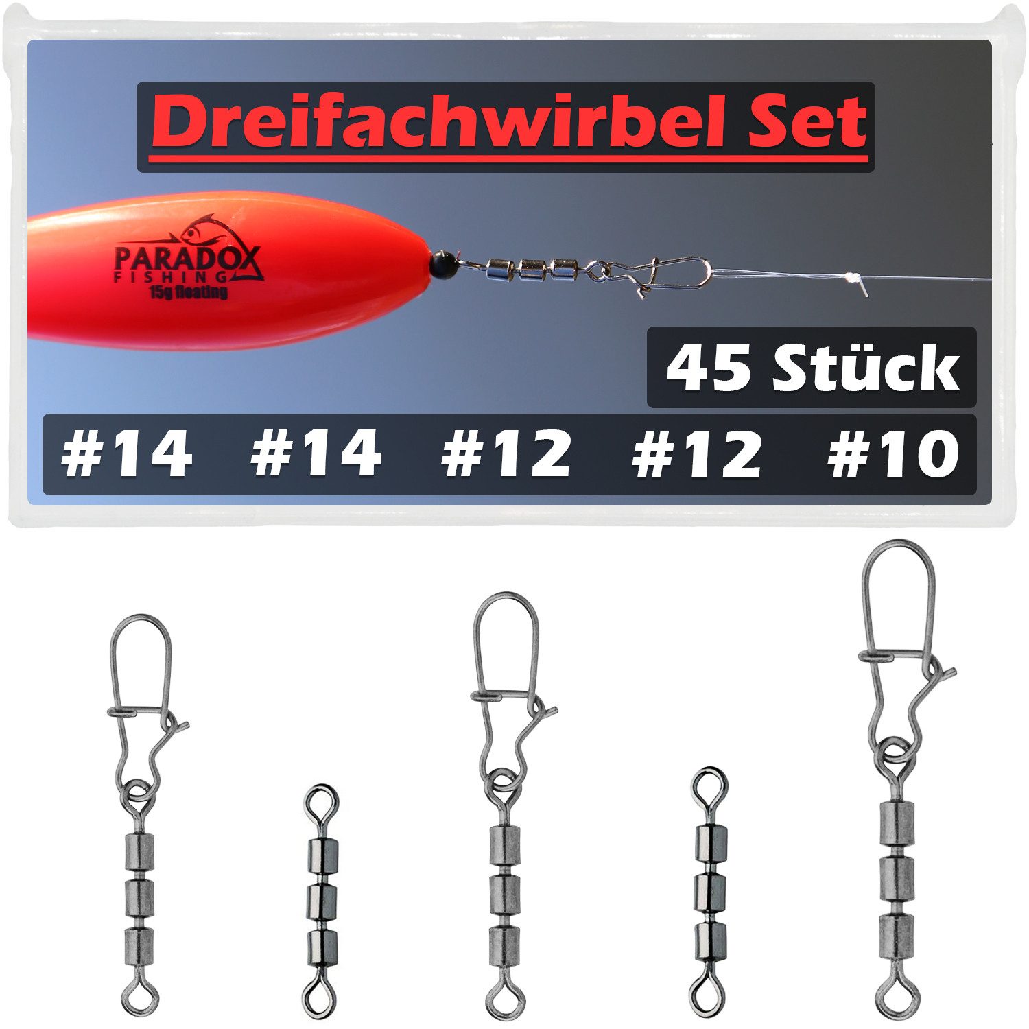 Paradox Fishing Angelwirbel Dreifach Wirbel Set 45 Stück #10-#20, Forellenangeln
