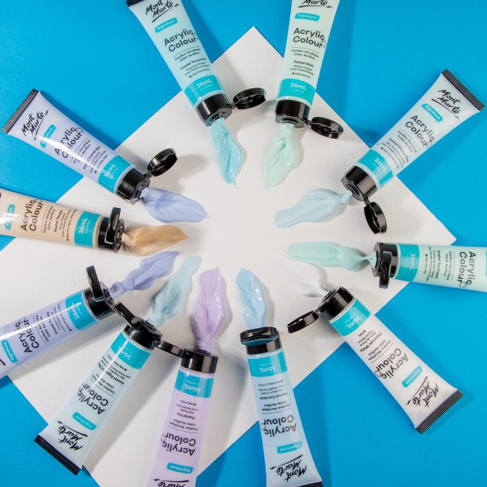 Mont Marte Acrylfarbe Pastell Set 12 / 18 / 24 / 48 x 36 ml –Deckkraft & Seidenmattes Finish, Pastellfarben für Leinwand, Karton, Papier, Ton, Holz, Steine uvm.