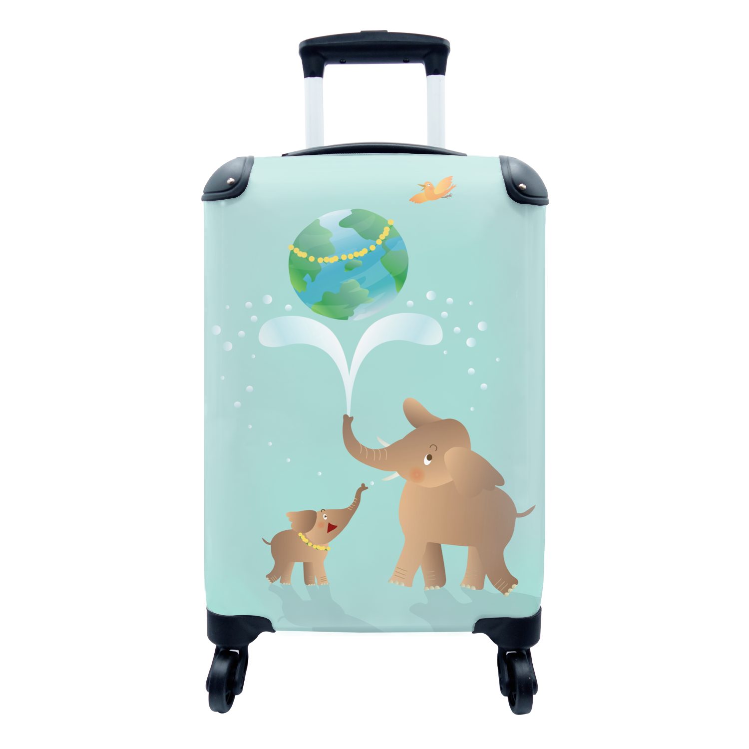 MuchoWow Handgepäckkoffer Eine Illustration von zwei Elefanten mit einem Elefantenbaby, 4 Rollen, Reisetasche mit rollen, Handgepäck für Ferien, Trolley, Reisekoffer