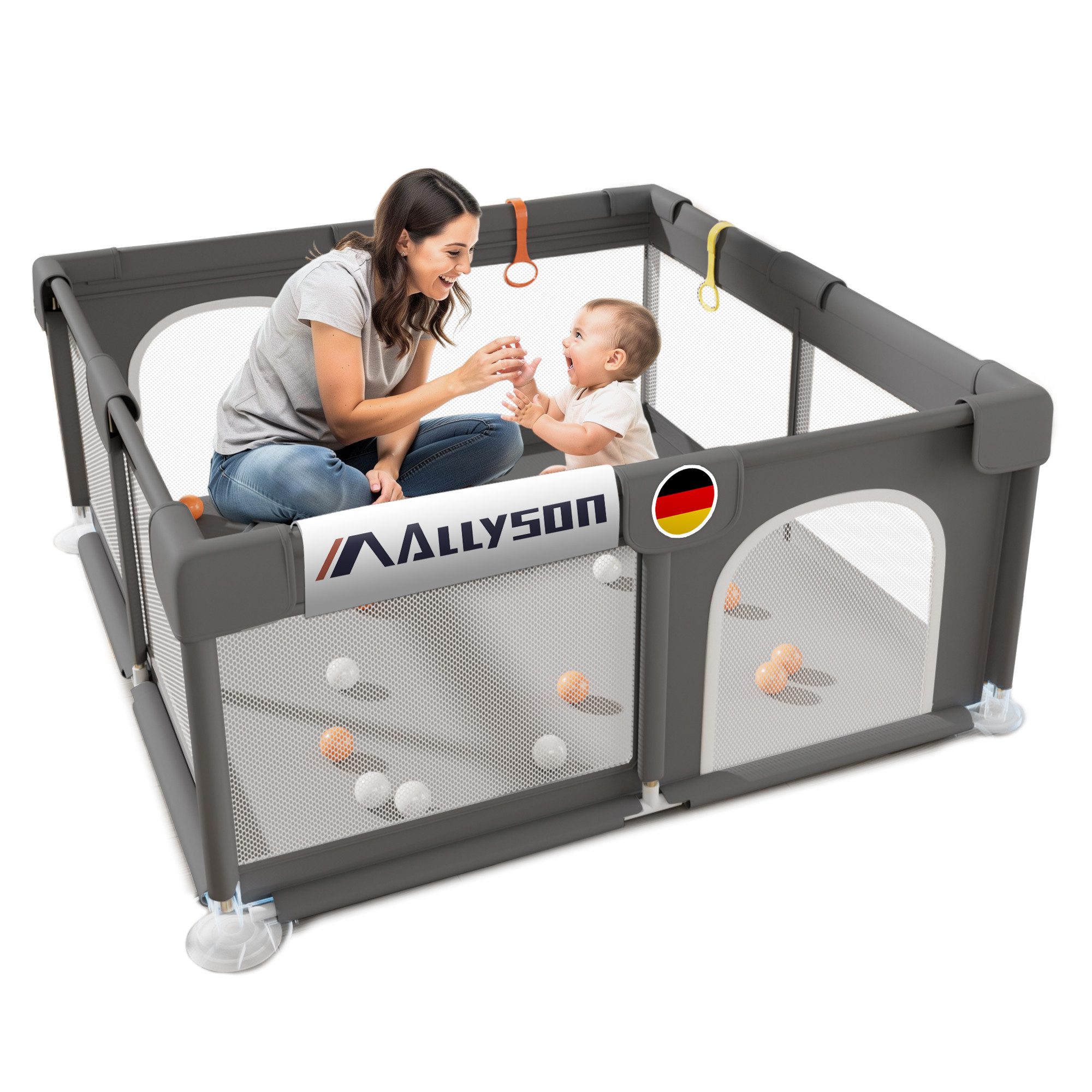Allyson Laufgitter Faltbarer Laufstall Baby mit Matte, Baby Playpen Kinderlaufstall, Saugnäpfe & Stahlrahmen Inkl. 20 Spielbällen, Matte & 2 Haltegriffen