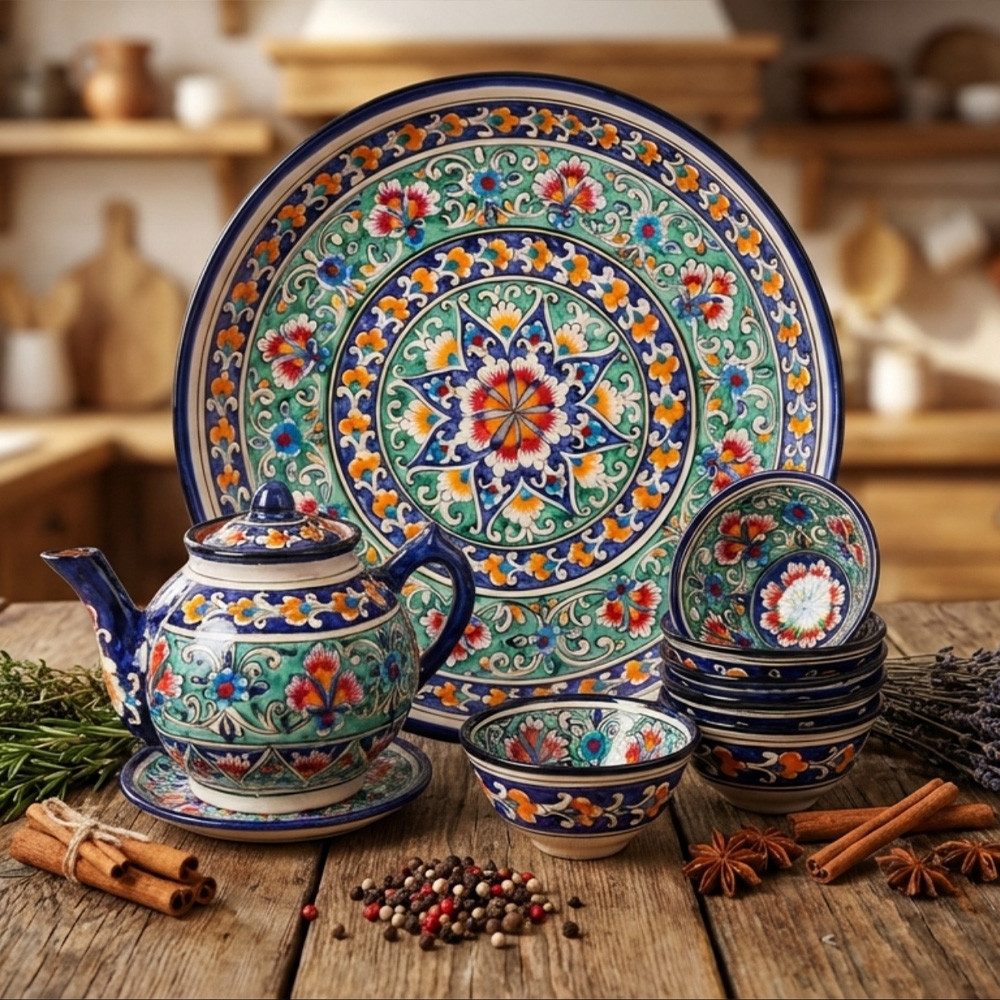 Teeservice 9-teilig KaraKalam KSV1 R Dunkelblau Schale Ø 11 cm Teller Ø 15 cm (9-tlg), 6 Personen, Keramik, Handbemalt