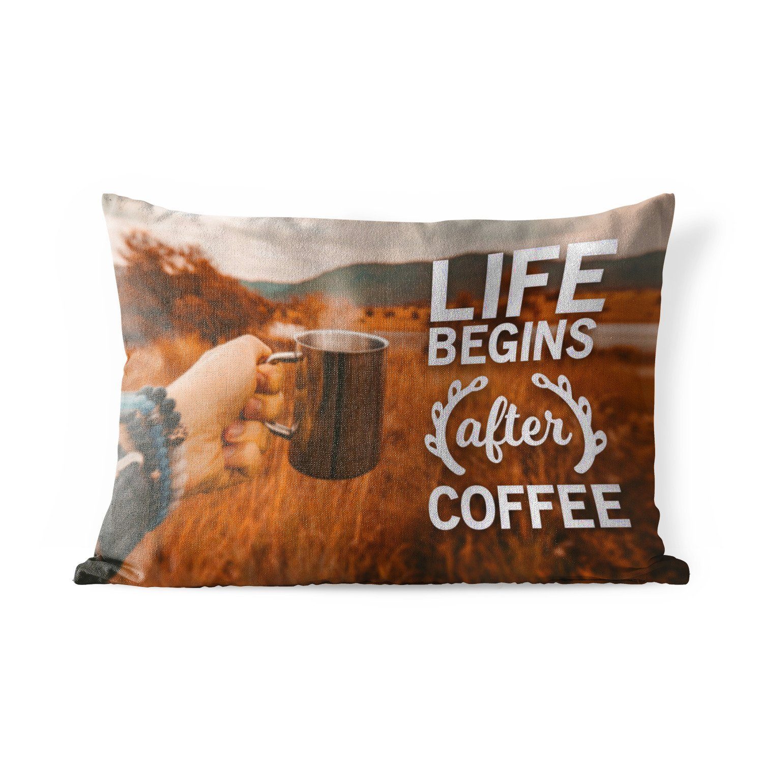 MuchoWow Dekokissen Kaffee - Zitate - Sprichwörter - Das Leben beginnt nach dem Kaffee, Outdoor-Dekorationskissen, Polyester, Dekokissenbezug, Kissenhülle | Dekokissen