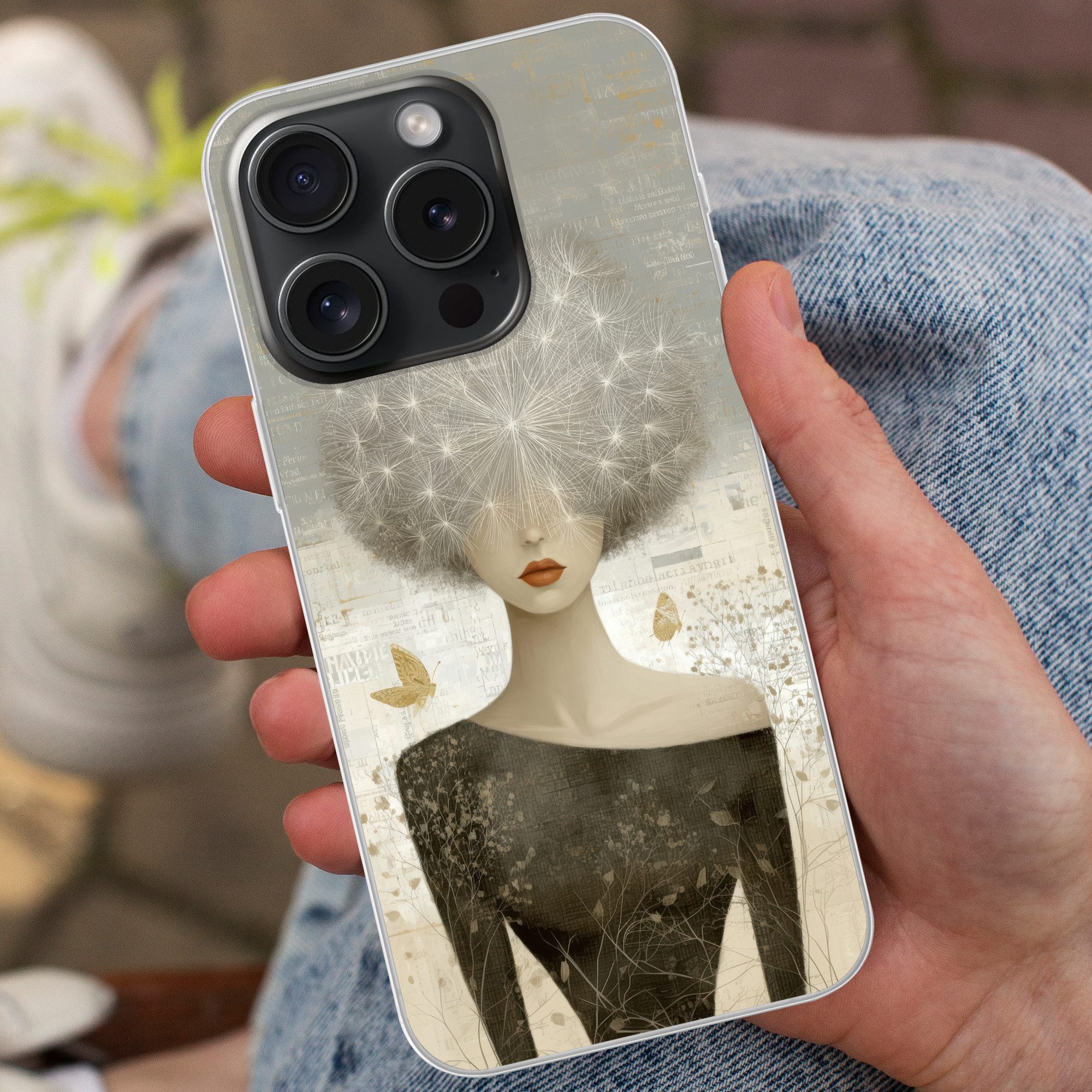 MuchoWow Handyhülle für Apple iPhone 15 Pro Fluff - Frau - Beige, Smartphone-Bumper, Print, Handy Schutzhülle Dünn