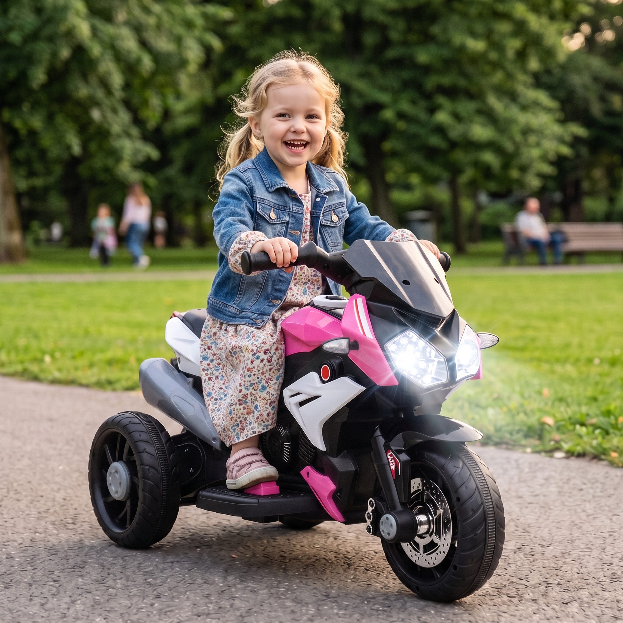 HOMCOM Elektro-Kindermotorrad mit Musik, Scheinwerfer, 25W Motor, 3 km/h, Belastbarkeit 25 kg, (1-tlg), für Kinder von 3-5 Jahren, Rosa+Weiß – Bild 2 von 5