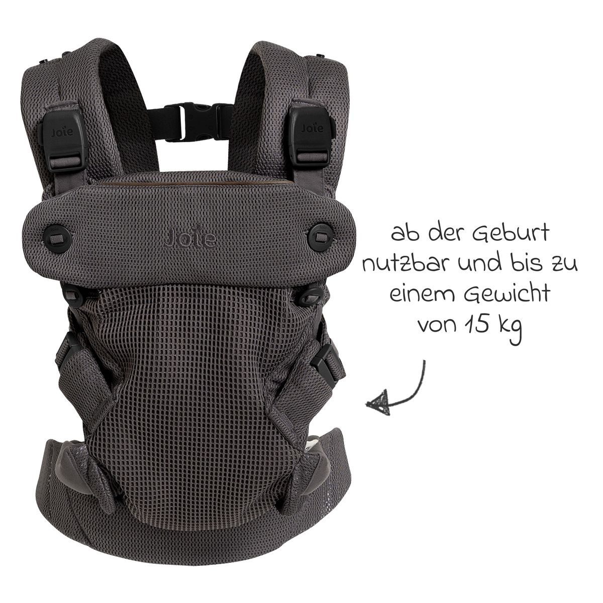 Joie Babytrage Savvy Air - Cinder, Baby Bauchtrage Rückentrage für Neugeborene ab 3,5-15 kg 4 positionen