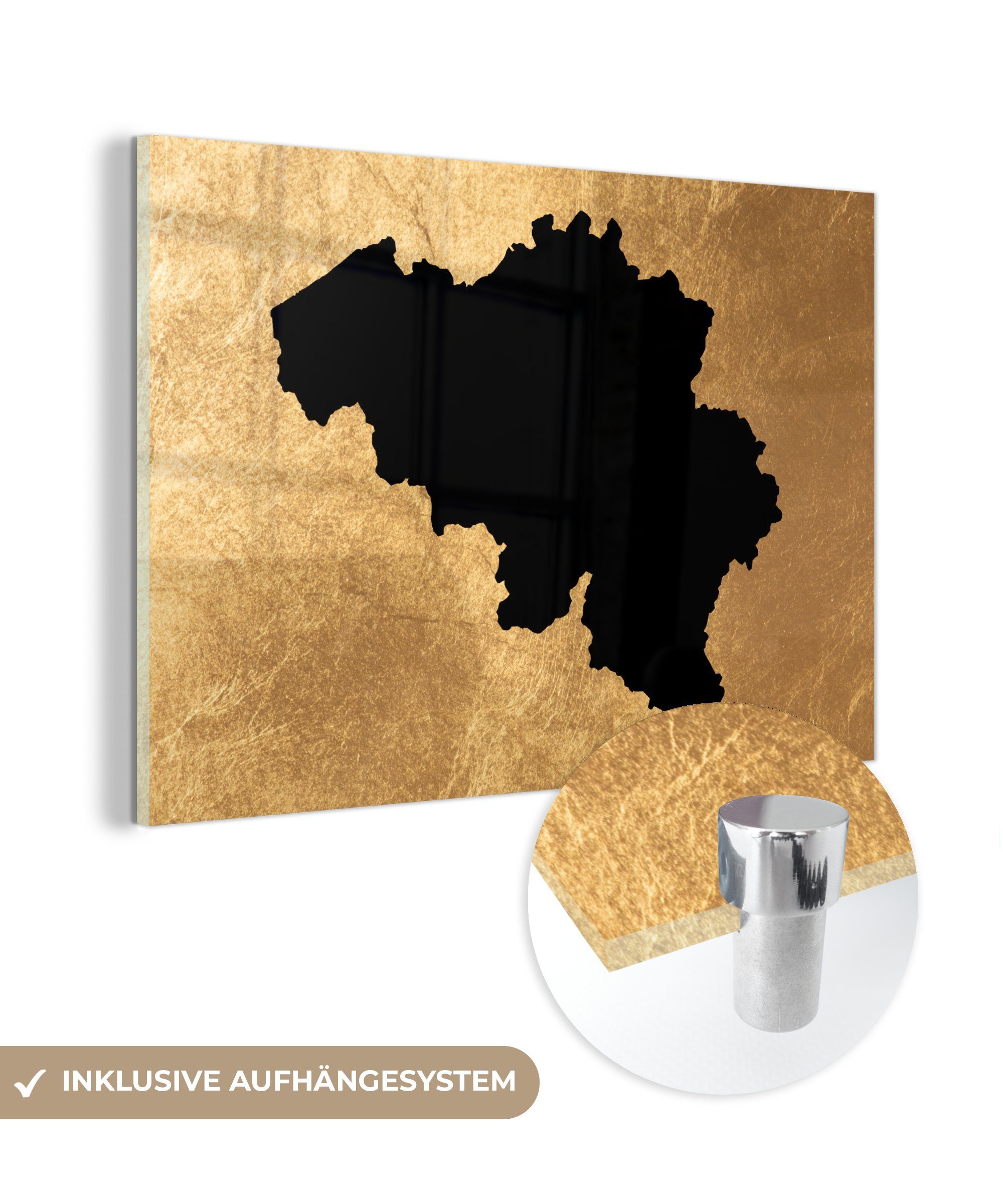 MuchoWow Acrylglasbild Karte Belgien - Schwarz - Gold, (1 St), Acrylglasbilder Wohnzimmer & Schlafzimmer