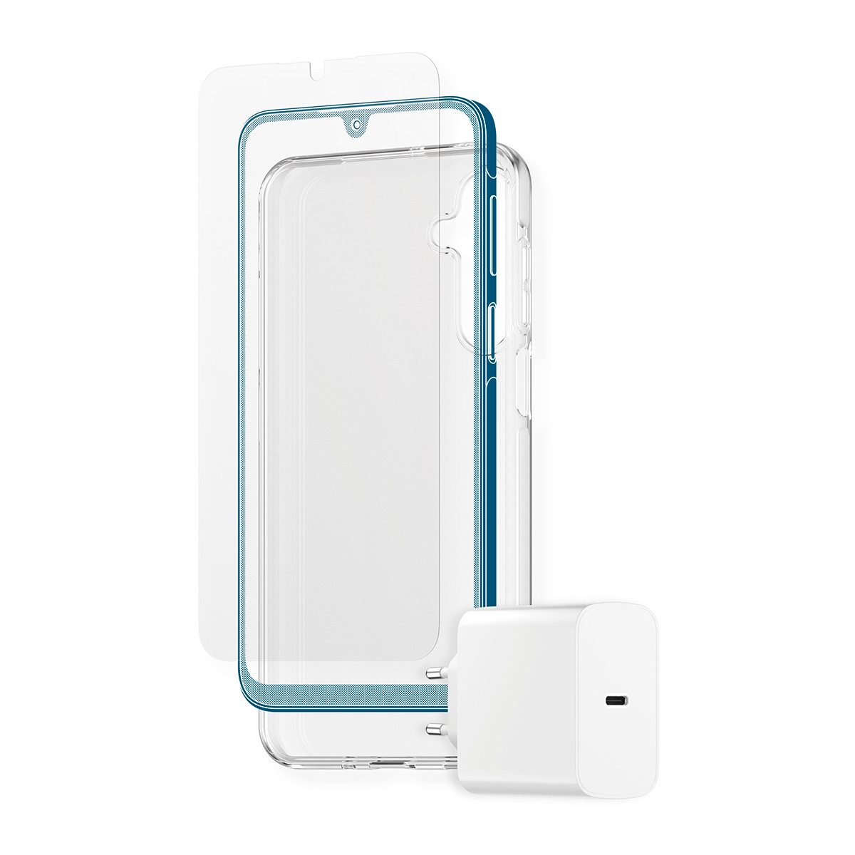 CARE by PanzerGlass StartKit - alles drin - Screen Protector, Case & Charger USB-Ladegerät (Set, 3-tlg., 20W Ladegerät, Displayschutzglas, TPU-Schutzhülle, 3-in-1 Bundle für Samsung Galaxy A16)