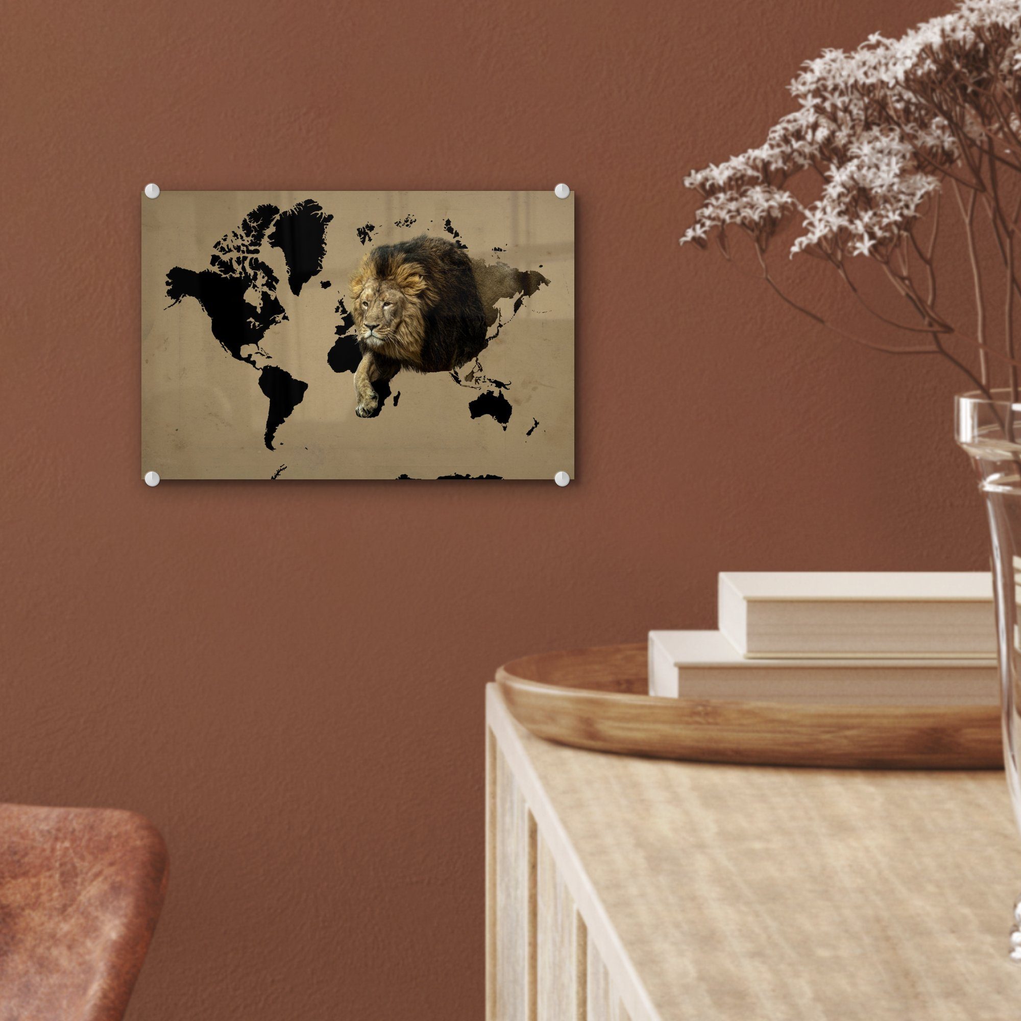auf Glasbilder Wanddekoration - auf - St), - Schwarz Löwe, Weltkarte Bilder Acrylglasbild (1 Foto Glas - Glas - Wandbild MuchoWow