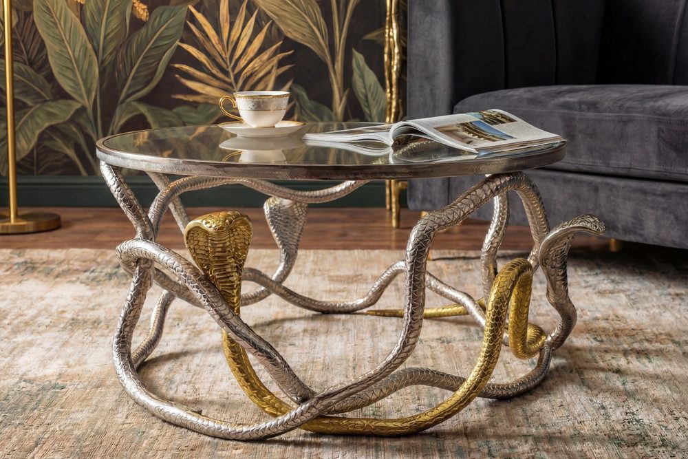 riess-ambiente Couchtisch SNAKE 70cm gold/silber - Metall, Glasplatte, Schlangen, Cobras, rund (Einzelartikel, 1-St), Ausgefallener Beistelltisch - ideal für moderne & stylische Wohnräume